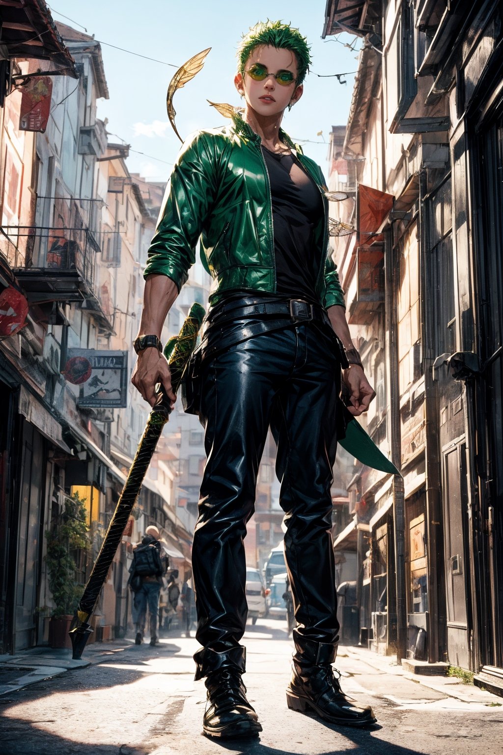 solo, Roronoa Zoro, the iconic character from the One Piece anime: "Generate a striking and highly detailed visual representation of the legendary martial artist, Roronoa Zoro, from the One Piece anime. Zoro is known for his distinctive appearance and formidable skills. His hair is a vibrant shade of green, complementing his determined brown eyes. He stands tall and resolute, exuding an air of strength and unwavering determination. Zoro is clad in his signature green outfit, complete with a white haramaki and a bandana. In his skilled hands, he wields a long staff, unique and finely detailed. The long staff should be a reflection of his mastery and the essence of his character. This image should capture the essence of Zoro's iconic appearance, showcasing his powerful presence and his status as one of the most beloved characters in the One Piece series." Photographic cinematic super high detailed super realistic image, 8k HDR super high quality image, masterpiece, perfect eyes, Zoro, ((perfect hands)), ((super high detailed image)), ((perfect long staff)), full body shot, leaves fluttering around, bokeh effect on background foliage