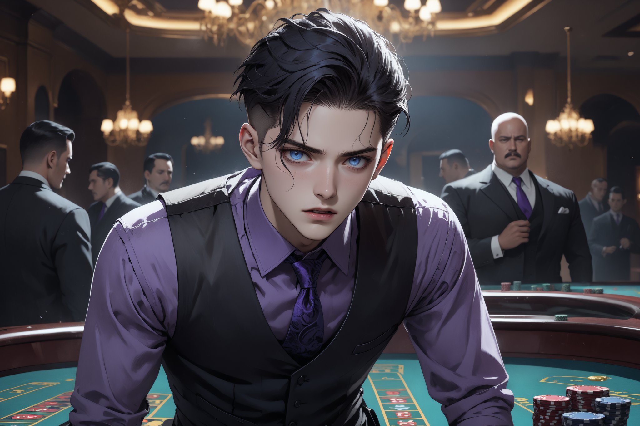 horror-themed {prompt} . eerie, unsettling, dark, spooky, suspenseful, grim, highly detailed, masterpiece, beautiful and aesthetic, ultra detail, intricate, 1male, solo, 23 years old, detailed character design, delicate face, (panic expression), light blue eyes, (dark hair, Classic Undercut), silver waistcoat, purple shirt, deep blue tie, (he was tackled by two bad guys:1.2), in the casino 