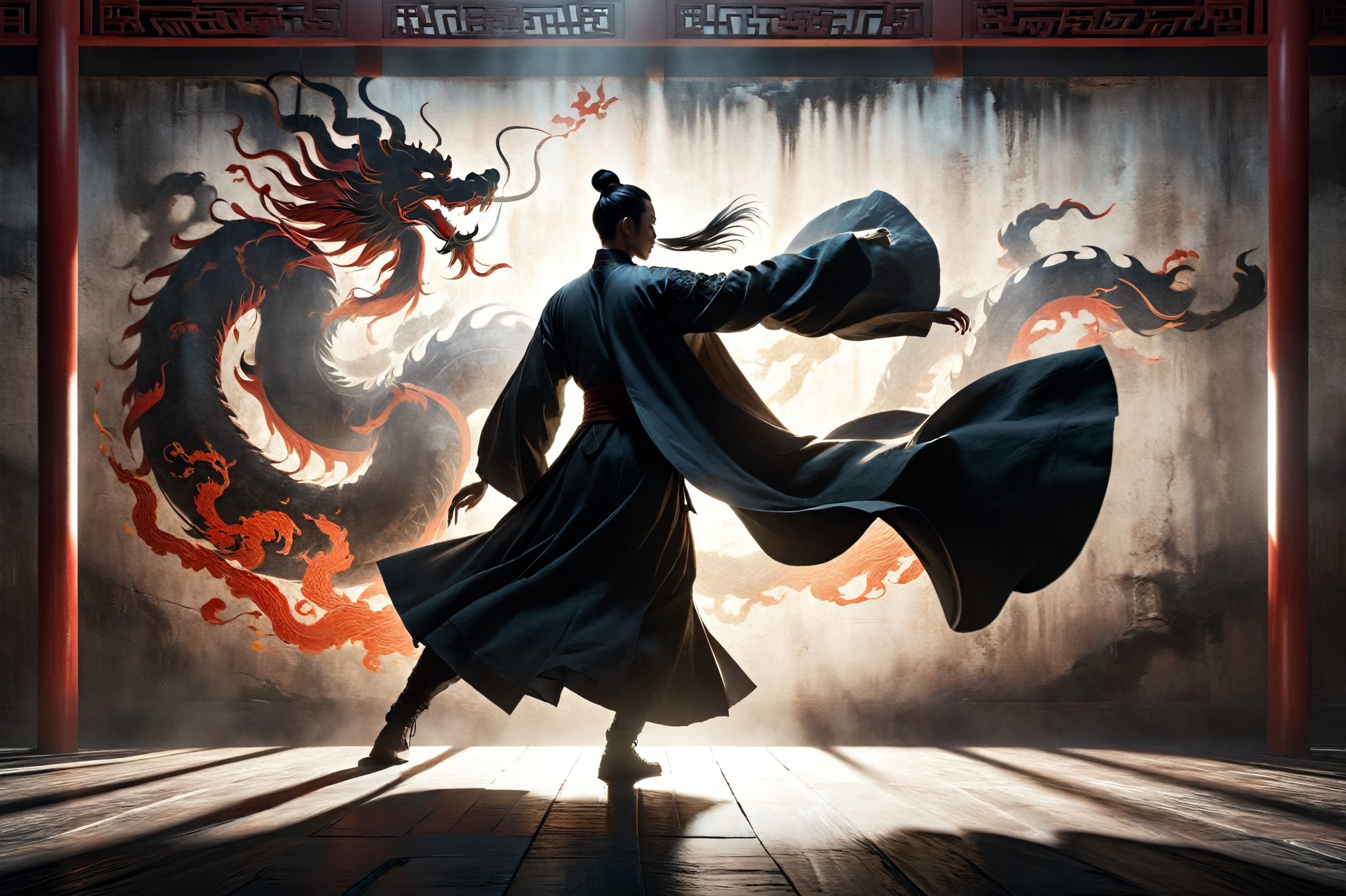 masterpiece, extreme quality, ultra detailed, intricate, UHD, HDR, Chinese martial arts animation style, dramatic with an air of mystery and intrigue, solo, a figure in a dark cloak, shadow on the wall of ancient Chinese , dynamic pose, vibrant, from side, shadow, DonM5h4d0w5XL