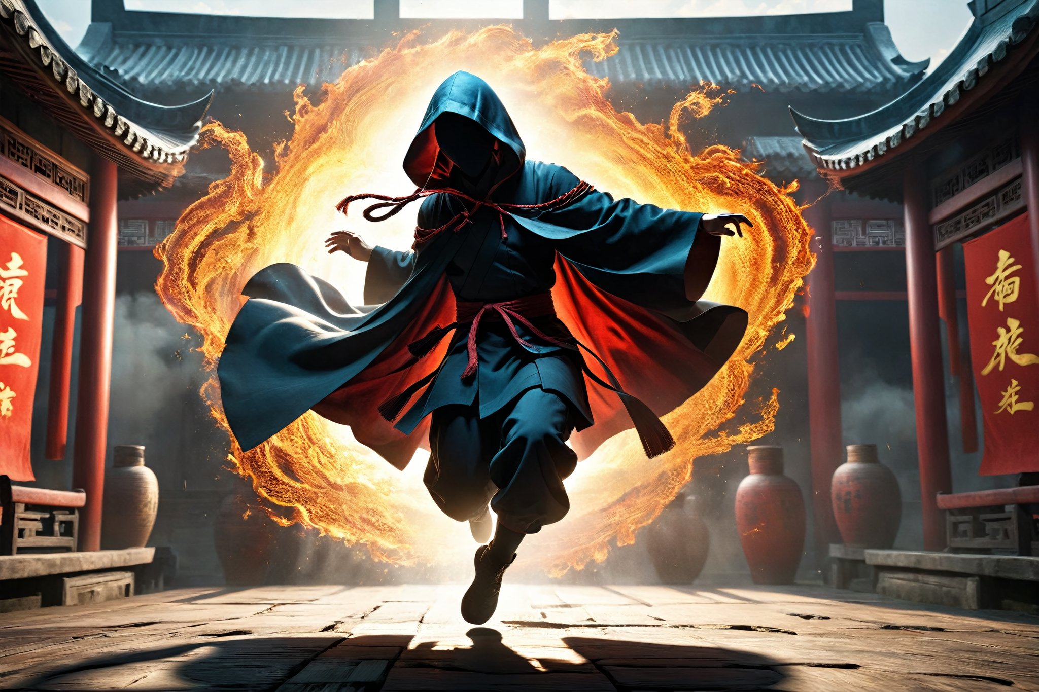 DonM5h4d0w5XL, masterpiece, extreme quality, ultra detailed, intricate, UHD, HDR, Chinese martial arts animation style, dramatic with an air of mystery and intrigue, a dark hooded cloak shadow, silhouette, dynamic pose, vibrant, action-packed, (jump up, fly in the air:1.5), outdoors, ancient China backyard, mysterious colorful background, (rim lighting:1.2)