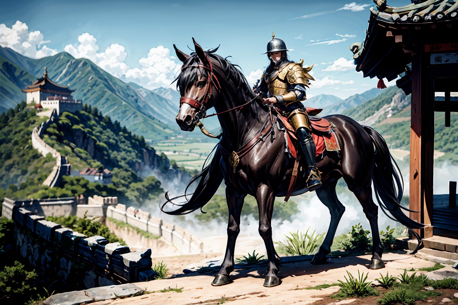 A majestic warhorse carries an ancient Chinese general, clad in armor, grasping a sturdy spear, as he stands guard at Shanhaiguan Pass. The imposing structure of the Great Wall snakes across the mountainous landscape, its ancient stones blending seamlessly into the rugged terrain. The general's determined gaze surveys the surroundings, his armor glinting in the sunlight, as the pass's strategic importance is palpable.