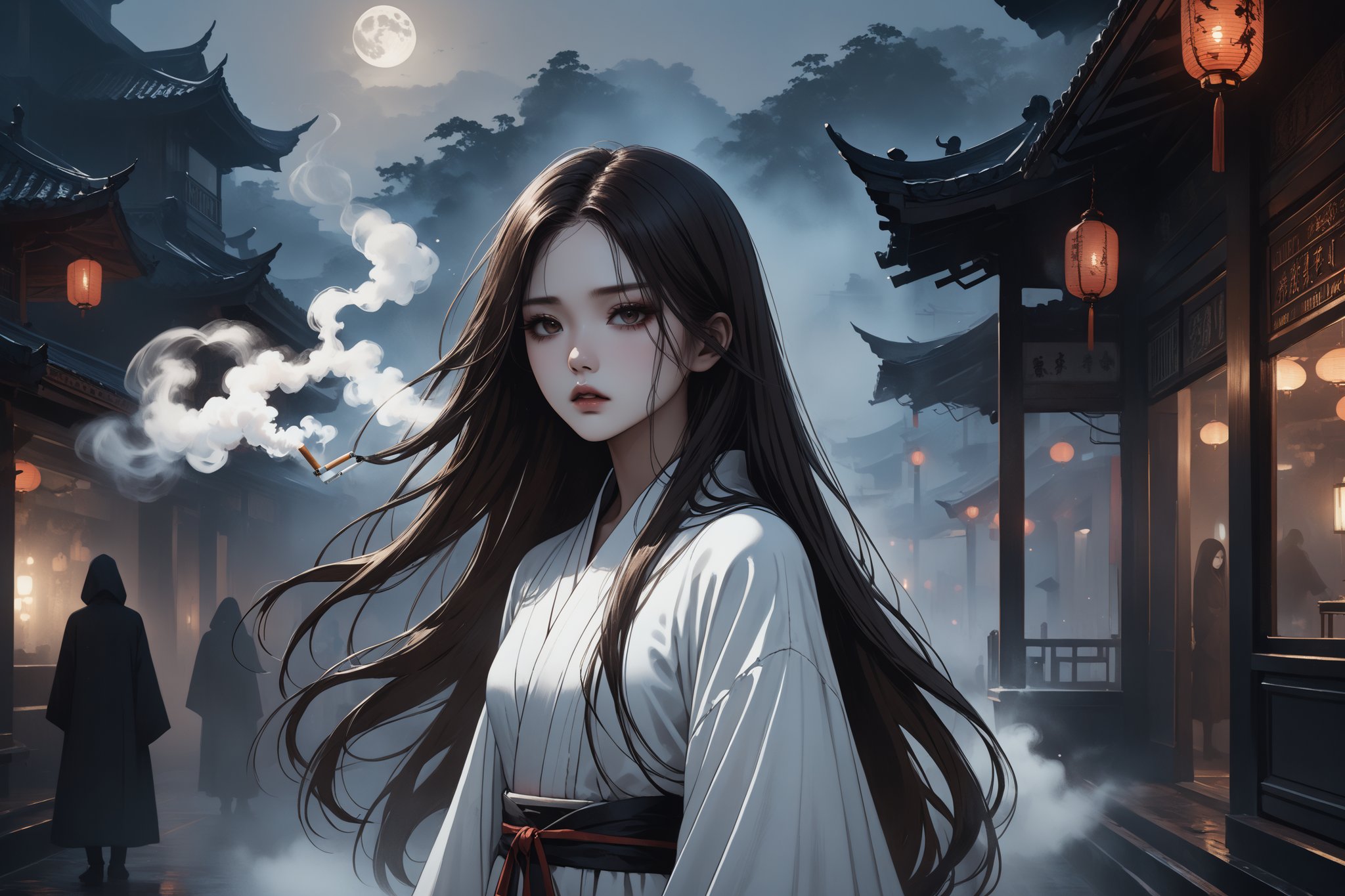 horror-themed {prompt} . eerie, unsettling, dark, spooky, suspenseful, grim, highly detailed, masterpiece, beautiful and aesthetic, ultra detail, intricate, 1female, solo, 20 years old, detailed character design, Asian beauty, feminine soft face, (pale), (dark eyes), sorrow expression, (flowing long hair, brown), (white long robe,), (((she took a deep drag on the cigarette, then blew the smoke towards the air))), outdoors, night club street, mists, night moon