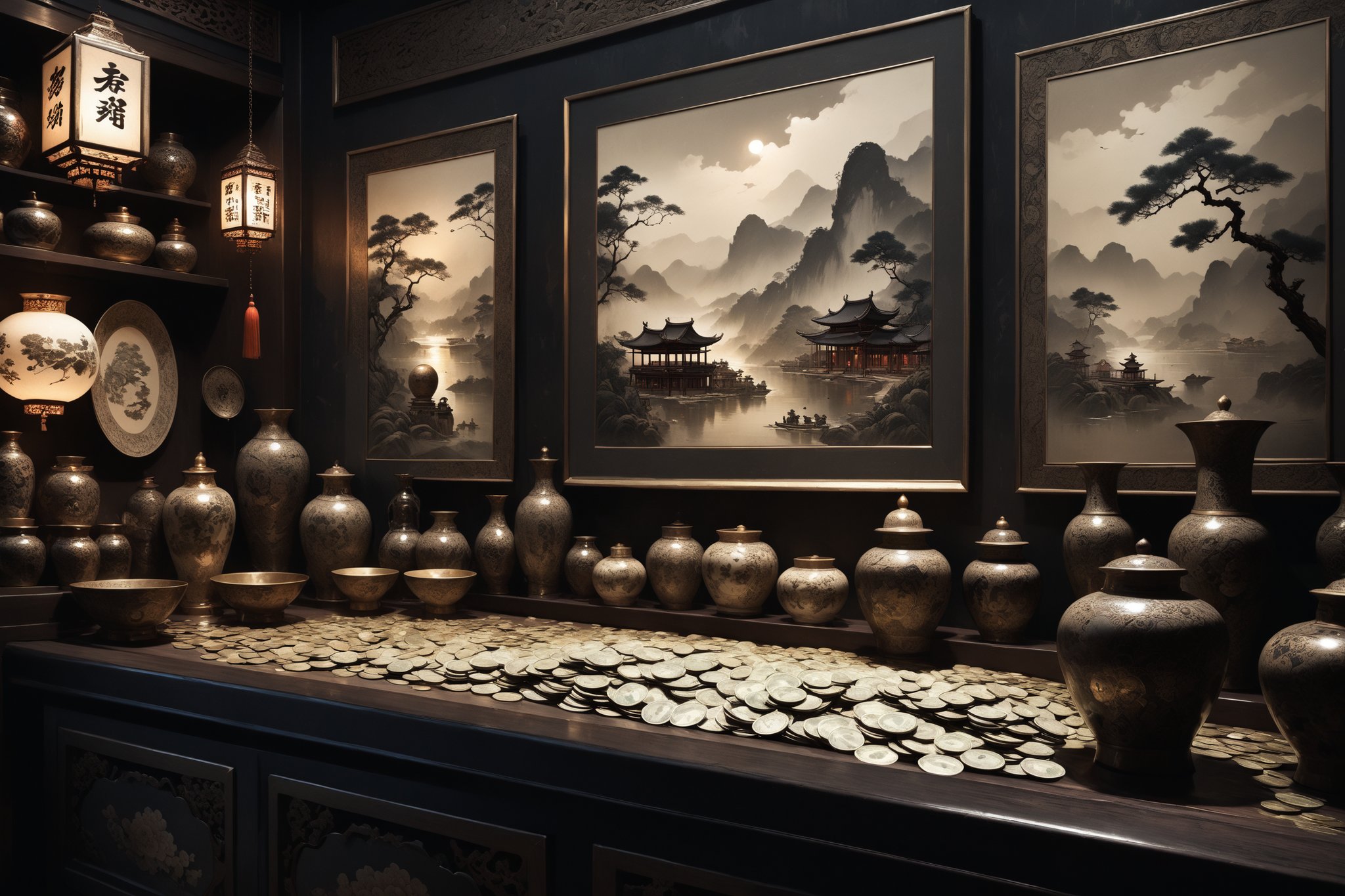 Dark Moody Atmosphere, {prompt}, dramatic, mysterious, dark moody atmosphere, masterpiece, beautiful and aesthetic, ultra detail, intricate, (cash on the couter), in the Asian antique shop, indoors