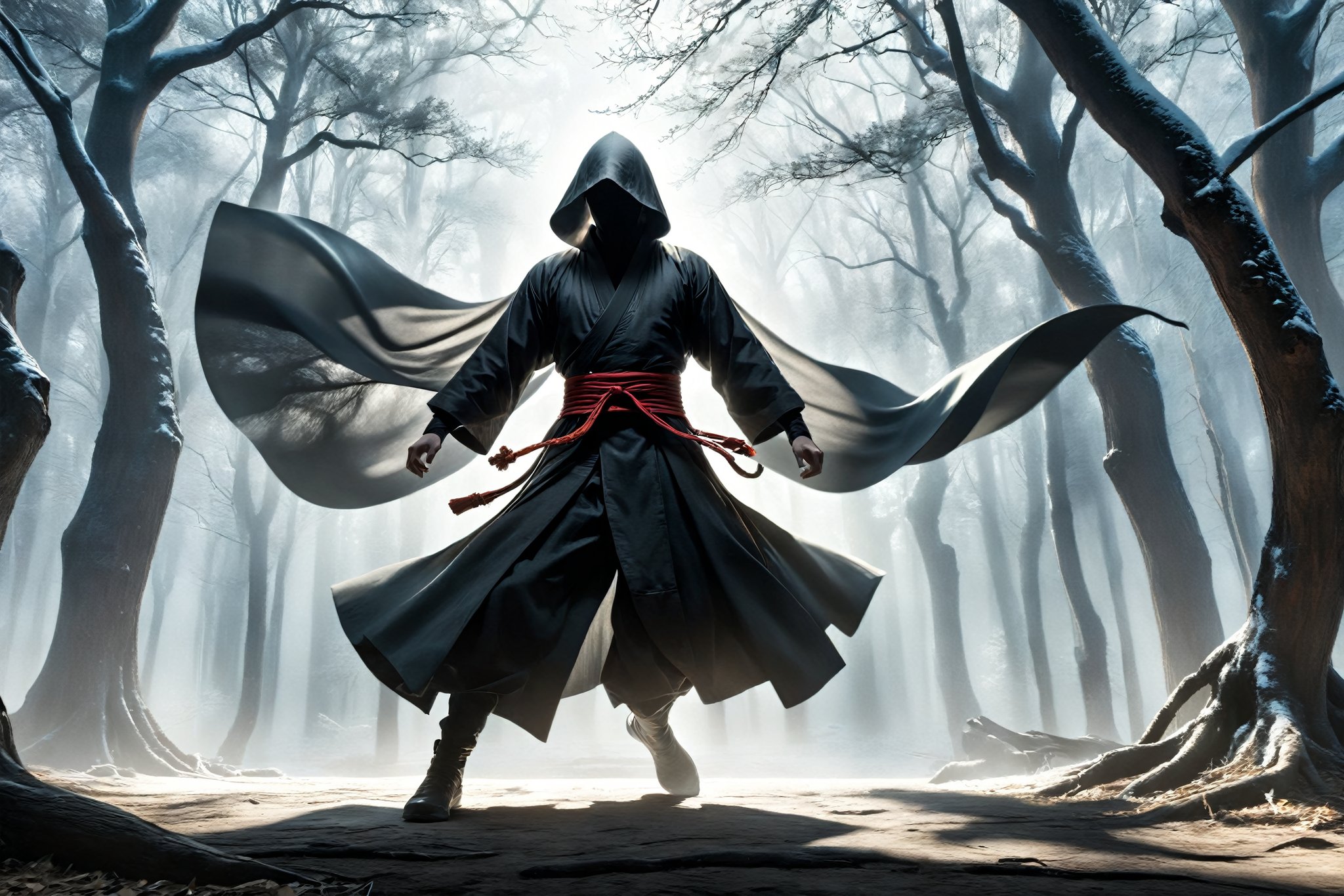 masterpiece, extreme quality, ultra detailed, intricate, UHD, HDR, Chinese martial arts animation style, dramatic with an air of mystery and intrigue, solo, a figure in a dark cloak, A dark figure flew through the trees, dynamic pose, vibrant, split-second freeze-frame, from side, In the background is a line of trees, shadow,  DonM5h4d0w5XL