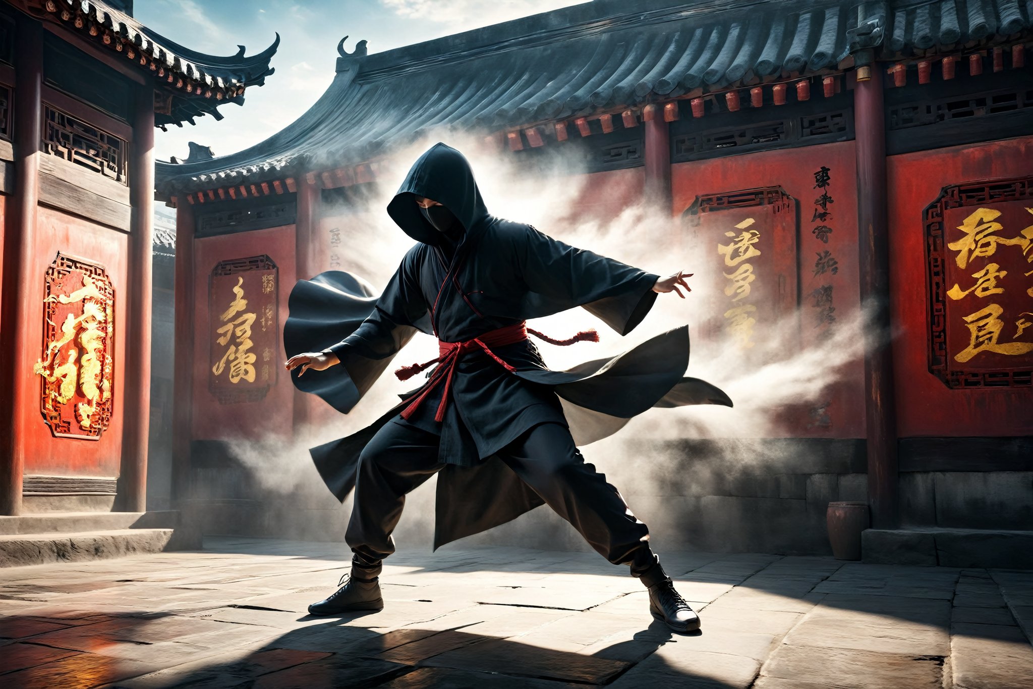 DonM5h4d0w5XL, masterpiece, extreme quality, ultra detailed, intricate, UHD, HDR, Chinese martial arts animation style, dramatic with an air of mystery and intrigue, solo, a black hooded cloak shadow on a wall, reflecting in the ancient China street, outdoors, captured in mid-leap, dynamic pose, vibrant, split-second freeze-frame, from side, mysterious colorful background, 