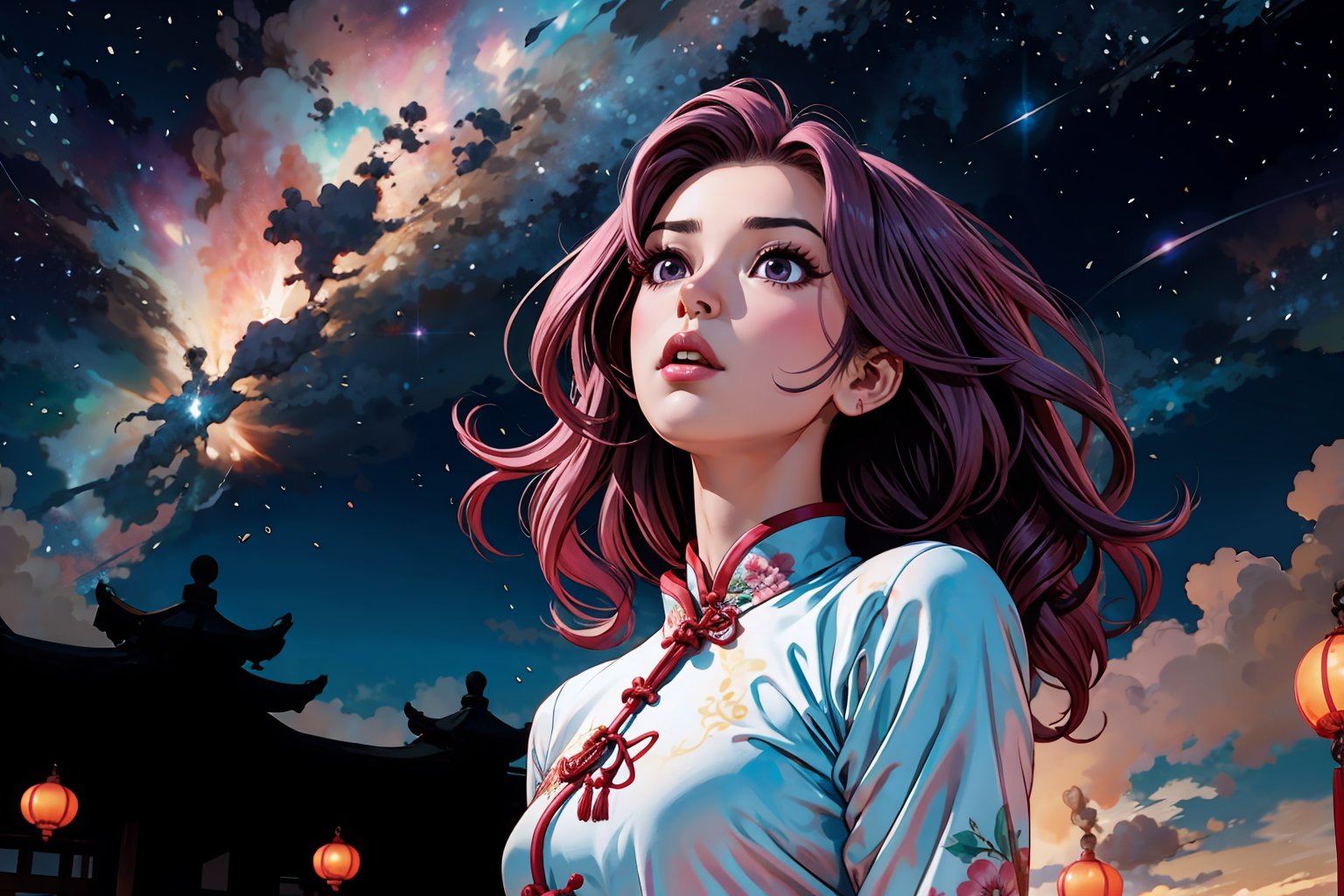 In Chinese mythology, solo, 1girl, big eyes, pink lips, pretty, long curly hair, purple hair, tall and thin, cheongsam, upper body, gazing up at a night sky filled with stars, nebula, ancient China style, boichi manga style