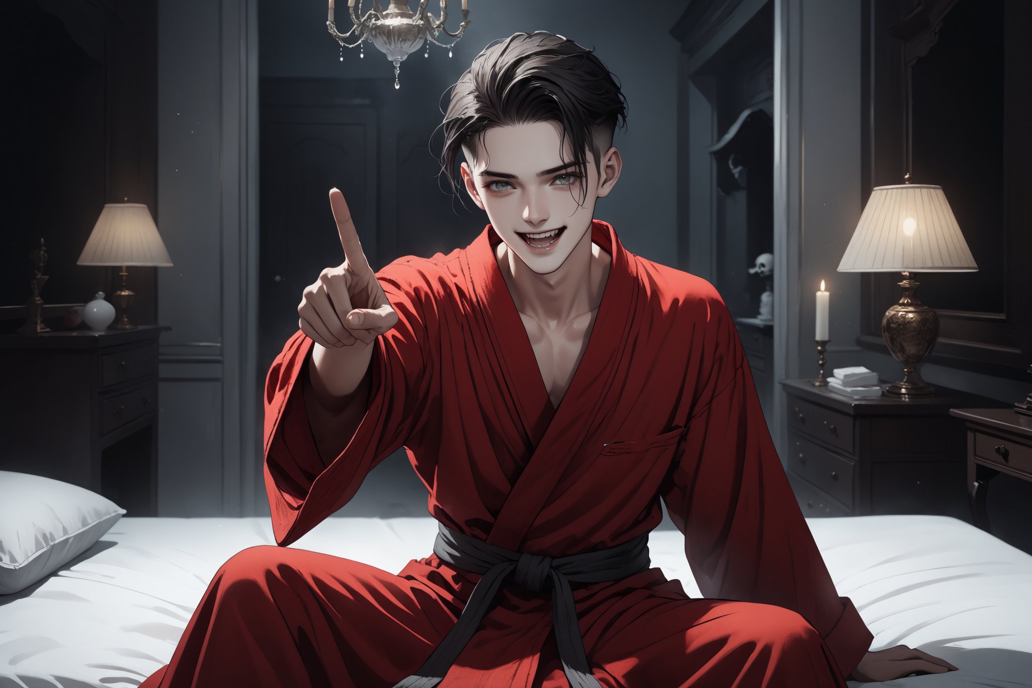 horror-themed {prompt} . eerie, unsettling, dark, spooky, suspenseful, grim, highly detailed, masterpiece, beautiful and aesthetic, ultra detail, intricate, 1male, solo, 23 years old, detailed character design, delicate face,  dreamlike expression, gray eyes, smile open mouth, (dark hair, Classic Undercut), red bathrobe, dynamic pose, finger point to the up, sitting on the bed, in bedroom