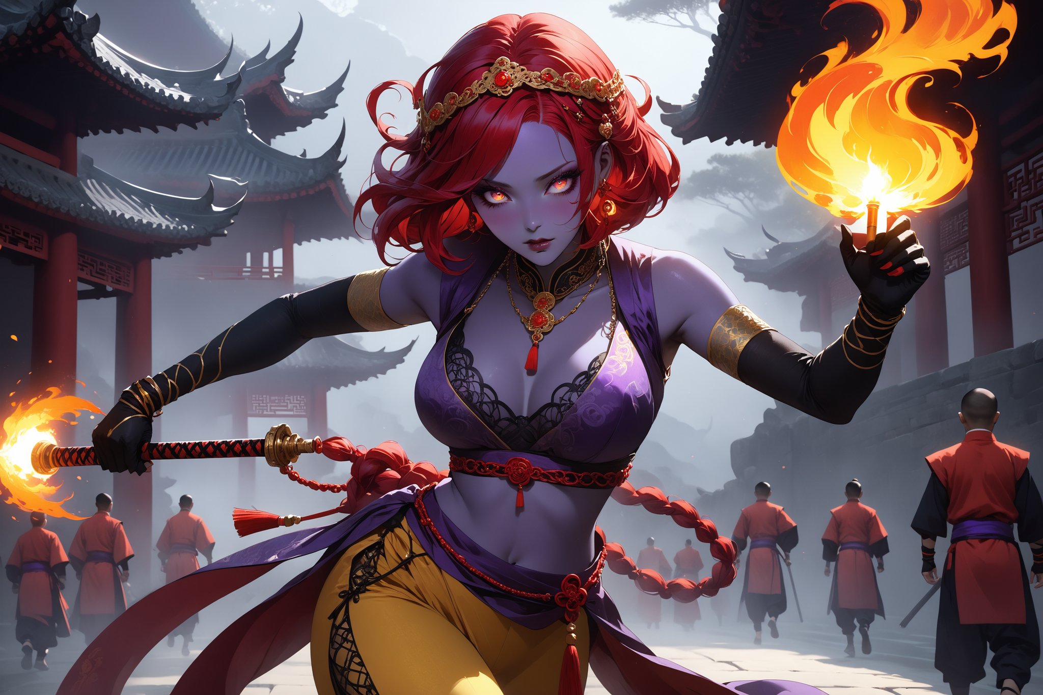 masterpiece, beautiful and aesthetic, ultra detail, intricate, 1female, monster, solo, detailed character design, seducing, evil expression, long eyelashes, eyeliners, ghostly eyes, red pixie bob hair, short stature, curvaceous, purple skin, circlet, (Hanfu, cropped vest, yellow), red pants, (belly chain), (elbow lace gloves, purple), (holding a flame baton), running, dynamic pose, Chinese martial arts animation style, Inspired by Chinese mythology story, out of prison