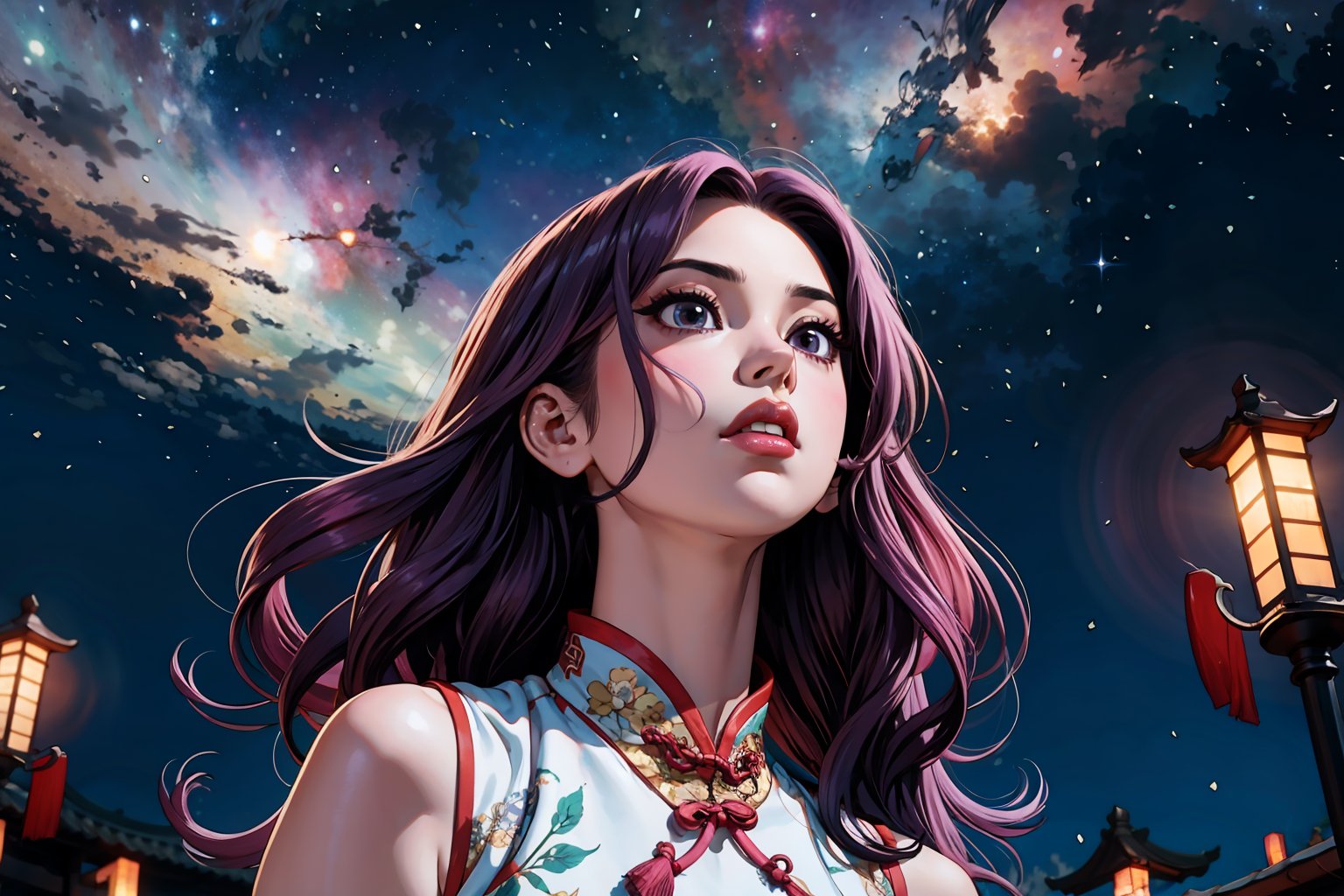 In Chinese mythology, solo, 1girl, big eyes, pink lips, pretty, long curly hair, purple hair, tall and thin, cheongsam, gazing up at a night sky filled with stars, nebula, ancient China style, boichi manga style