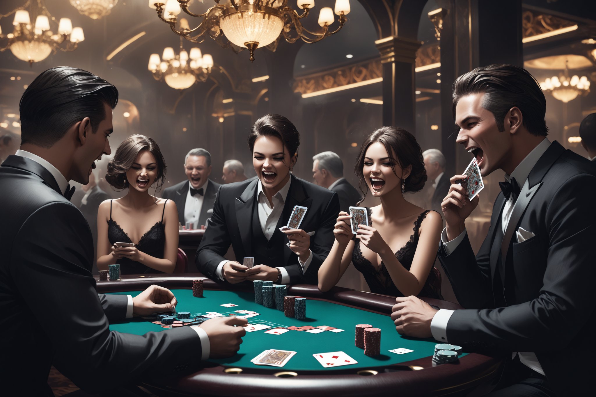 Dark Moody Atmosphere, {prompt}, dramatic, mysterious, dark moody atmosphere, masterpiece, beautiful and aesthetic, ultra detail, intricate, (people play cards), smoking, drinking, laugh, yelling, cheers, card table, in the casino