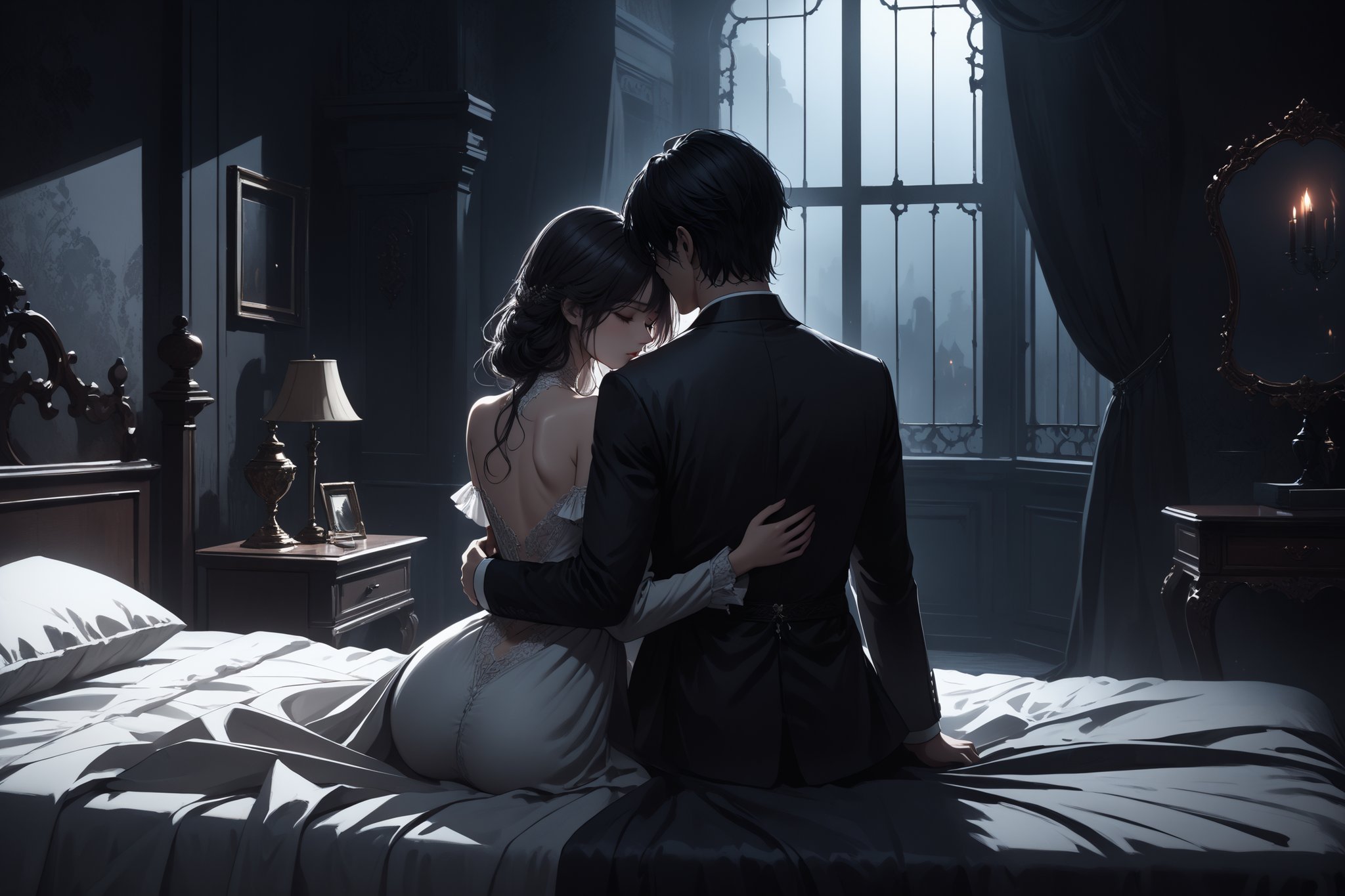 Dark Moody Atmosphere, {prompt}, dramatic, mysterious, dark moody atmosphere, masterpiece, beautiful and aesthetic, ultra detail, intricate, a couple cuddling on the bed, in dark bedroom, detailed character design, (back view:1.5), 