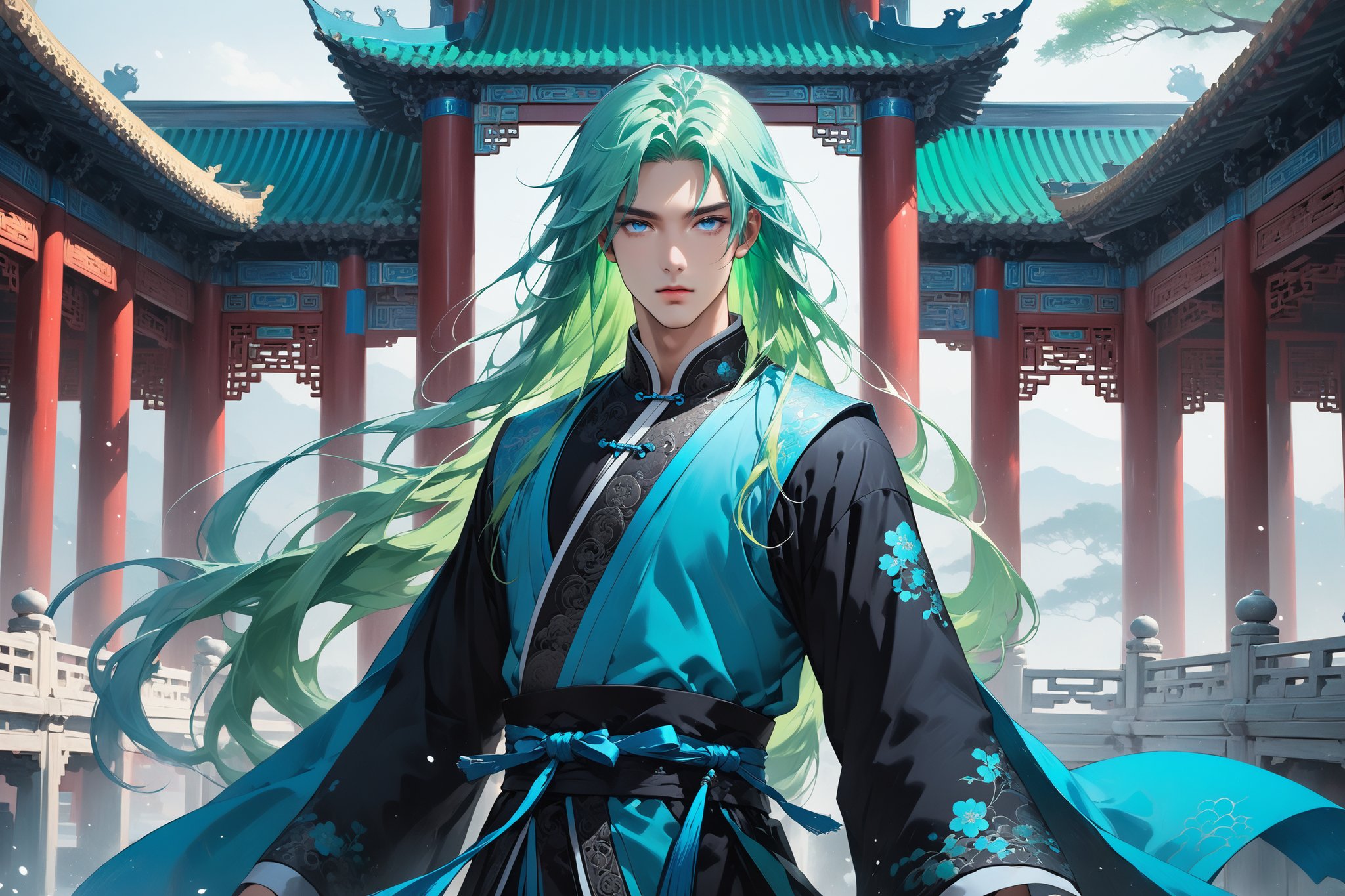 masterpiece, beautiful and aesthetic, ultra detail, intricate, solo, 1male, 25 years old, handsome, (long eyes, blue eyes), (long hair, Split-color Hair, Light Green Hair, Blue Hair), tall, (Han Chinese Clothing, black, flowing robe), full shot, dynamic pose, heroic stance, creating a picturesque view of a heavenly palace, bathed in soft and ethereal light.