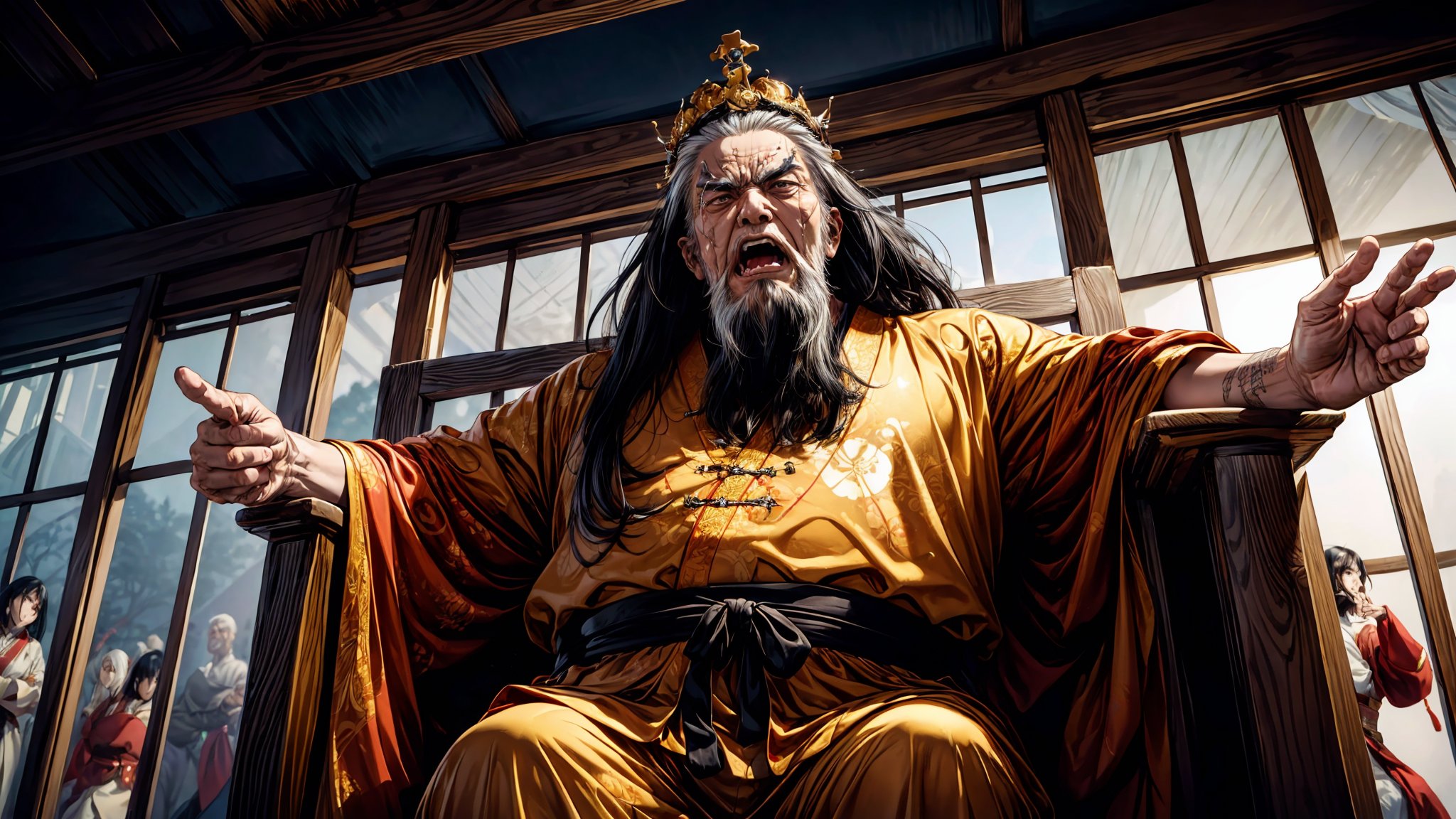 boichi manga style, one old man, a Chinese emperor, sitting in a throne chair, eating meat, evil face, long beard long, black hair, scar on left eye, angry face, flesh_fang, (tall, fat), full_body, from below, straight crown, golden Taoist robe, Chinese palace background, royal, dynamic poses, ((masterpiece))
