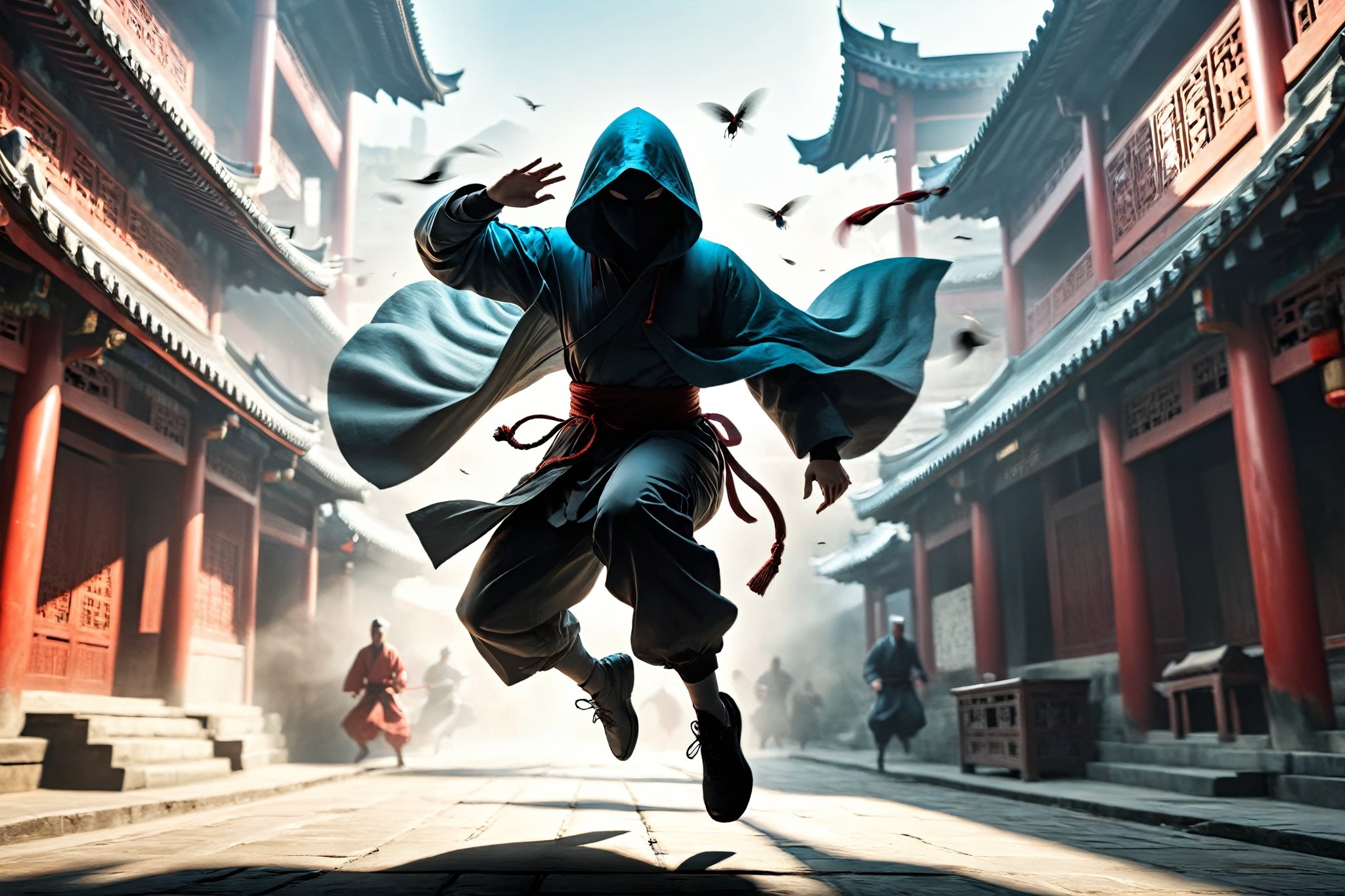 DonM5h4d0w5XL, masterpiece, extreme quality, ultra detailed, intricate, UHD, HDR, Chinese martial arts animation style, dramatic with an air of mystery and intrigue, a hooded cloak shadow, dynamic pose, vibrant, action-packed, (jump up, fly:1.5), split-second freeze-frame, from side, outdoors, ancient China street, mysterious colorful background, 