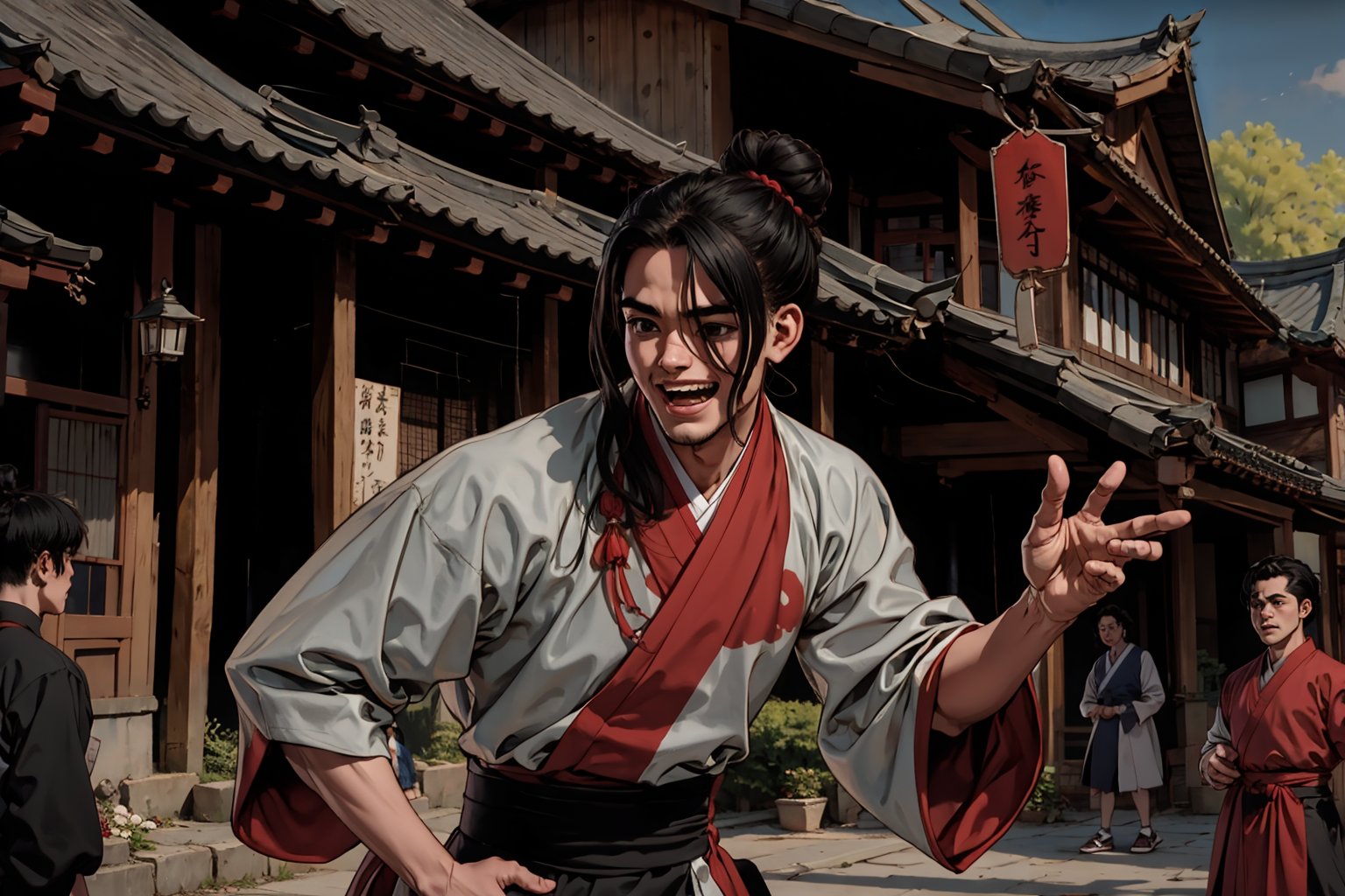 Masterpiece, best quality, detailed character design, UHD, (solo, 1male:1.5), 25 years old, a traditional Chinese physician, laugh, manly, (wide jaw), (black, single hair bun:1.3), tall and lean, accurate body and hand anatomy, (hanfu, grey), (begging, bowing), ancient street in the background, outdoors, ancient China style, boichi manga style