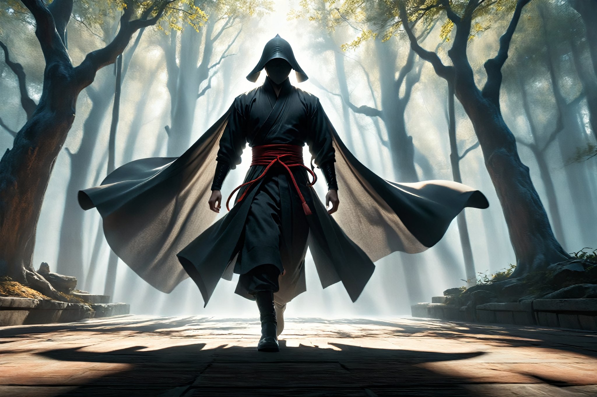 masterpiece, extreme quality, ultra detailed, intricate, UHD, HDR, Chinese martial arts animation style, dramatic with an air of mystery and intrigue, solo, a figure in a dark cloak, shadow flying and through the trees, dynamic pose, vibrant, split-second freeze-frame, from side, In the background is a line of trees, shadow,  DonM5h4d0w5XL