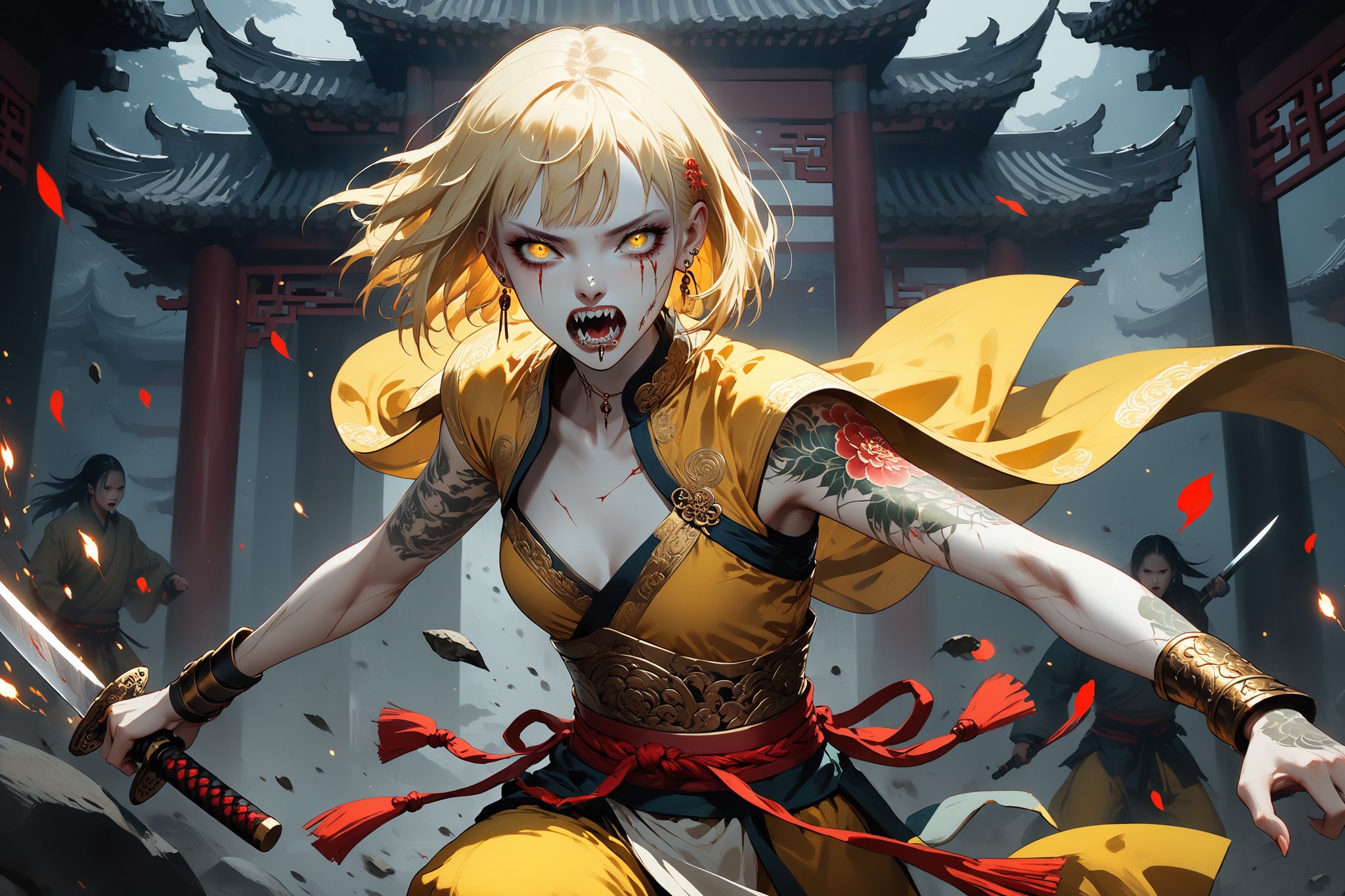 masterpiece, beautiful and aesthetic, ultra detail, intricate, 1girl, badass, mythical creature, solo, detailed character design, fierce expression, (mouth full of sharp teeth), (a deep knife scar across her face), ghostly eyes, (nose ring), (short hair, blunt bangs, golden hair), (white skin, pale skin), flowers tattoos on body, barefoot, small body, slender waist, (deep knife scars on arms), golden hooded cape, (Hanfu, red midriff, yellow pants), (gauntlet), running, dynamic pose, embodying the spirit of the wild, Chinese martial arts animation style, Inspired by Chinese mythology story, out of prison