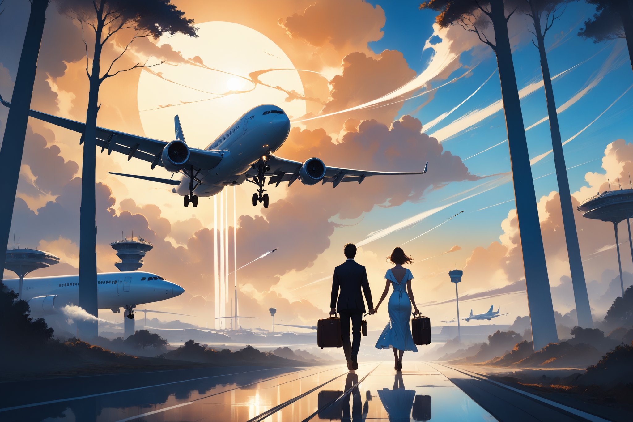 In this enigmatic dreamscape, a couple's silhouettes are captured from behind as they stroll along a winding road, luggage in tow, bound for the airport. Against the vast blue expanse, a plane soars overhead, its contrails whispering secrets to the clouds. The evening sun casts a warm, golden glow upon their figures, shrouded in an aura of mystery and anticipation. Every detail - from the wispy trees to the distant runway lights - is rendered with surreal precision, transporting the viewer into this dreamy, ethereal world.