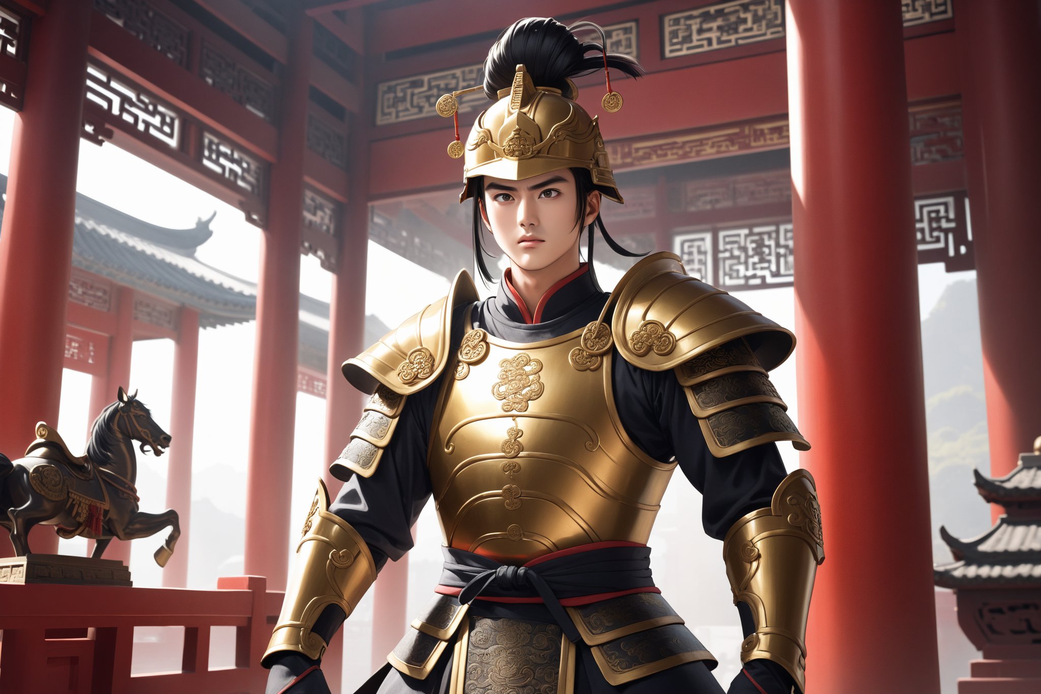 masterpiece, beautiful and aesthetic, ultra detail, intricate, solo, 1male, 25 years old, detailed character design, manly, (awe expression), bushy eyebrows, wide eyes, wide jaw, (black hair, a single hair bun), tall and lean, (ancient Chinese armor, helmet, golden), dynamic pose, (respectful gestures), indoors, ancient Chinese temple