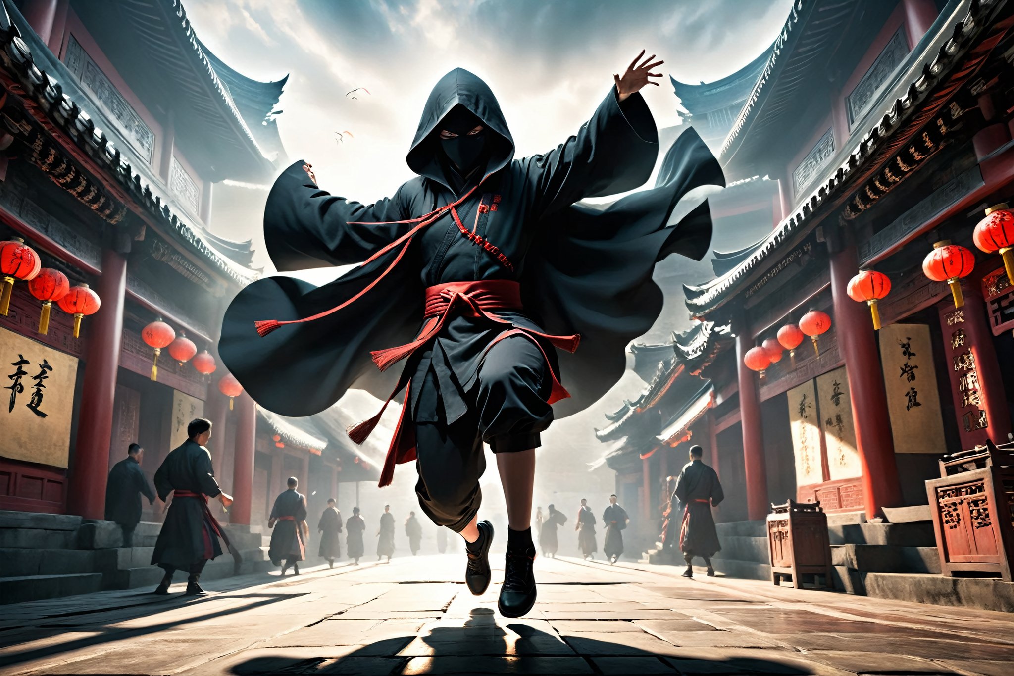 DonM5h4d0w5XL, masterpiece, extreme quality, ultra detailed, intricate, UHD, HDR, Chinese martial arts animation style, dramatic with an air of mystery and intrigue, a dark hooded cloak shadow, dynamic pose, vibrant, action-packed, (jump up, fly in the air:1.5), (from ground to the roof:1.2), outdoors, ancient China street, mysterious colorful background, 