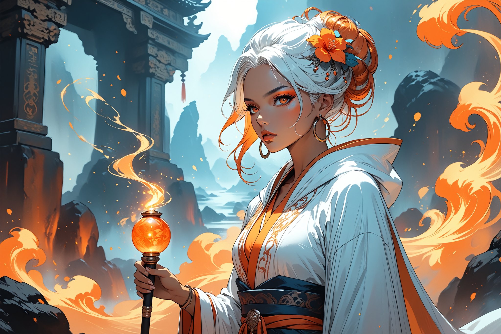 masterpiece, beautiful and aesthetic, ultra detail, intricate, 1female, 40 years old, detailed character design, sorceress, mysterious, a red mole on forehead, orange eyes, hoop earrings, (medium hair, updo, Split-color Hair, white Hair, Orange Hair), hair flower, bangle, short stature, tan skin, hooded cloak, (Taoist long robe, orange), cane, full body, dynamic pose, her hands crackling with arcane energy, standing on lava, smokey, mysterious colorful, magic effect, Sketch art, cross-hatching, colored pencil painting, limited palette, in heavenly palace