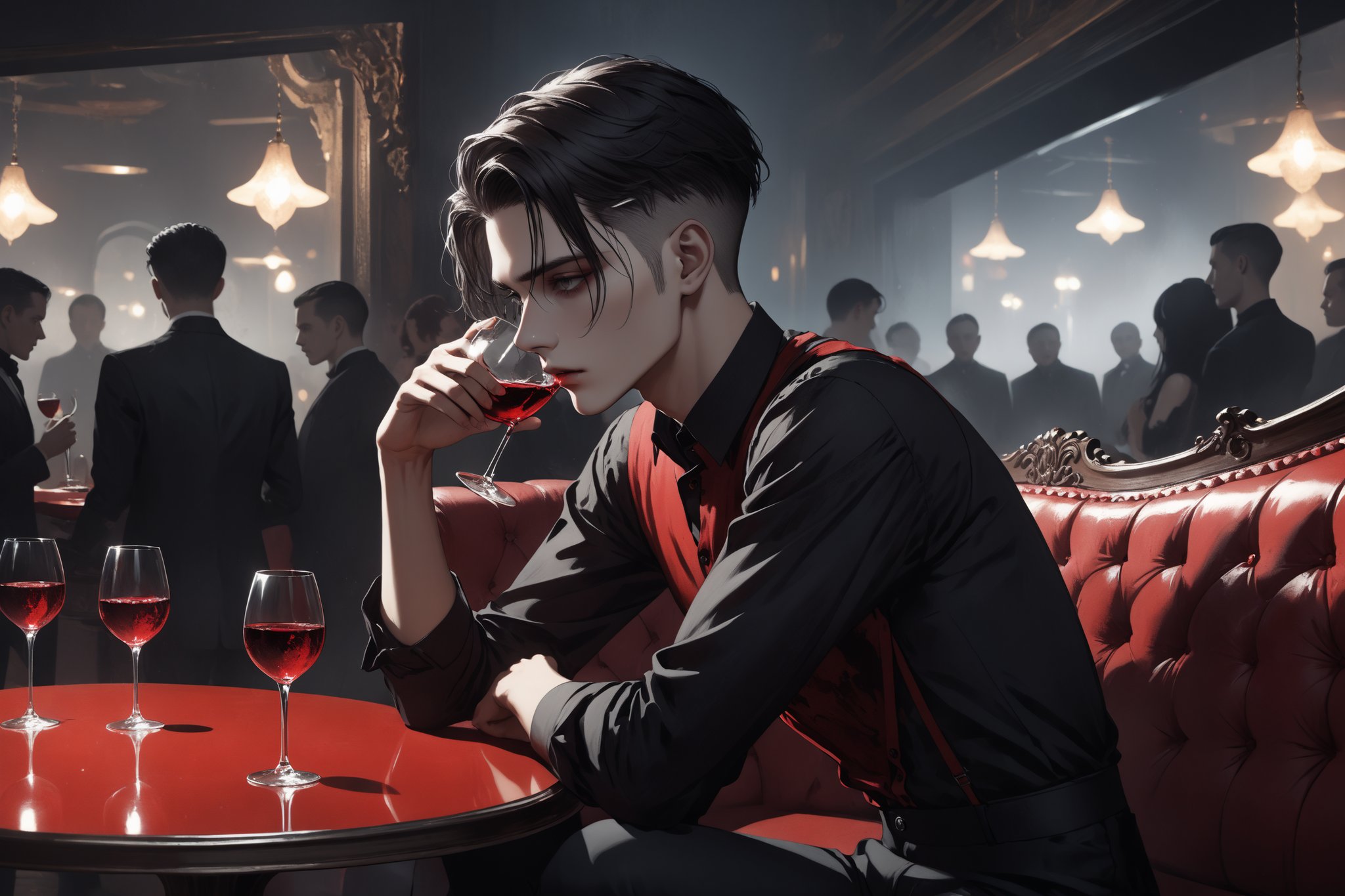 horror-themed {prompt} . eerie, unsettling, dark, spooky, suspenseful, grim, highly detailed, masterpiece, beautiful and aesthetic, ultra detail, intricate, 1male, solo, 23 years old, detailed character design, delicate face,  gray eyes, (dark hair, Classic Undercut), red shirt, black dress pants, (side view), dynamic pose, drinking, wines on the table, sitting in the couch, indoors, night club, people dance around