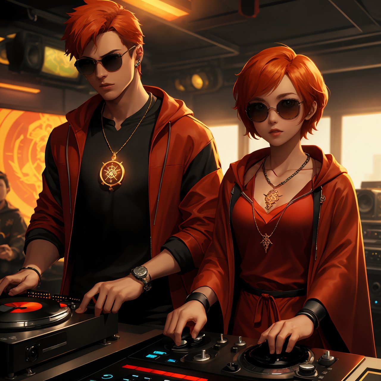 (straight on:1.5), (upper body:1.5), solo, 1boy, short hair, orange hair, sunglasses, headset, red colored robe, cool, flame tattoos, flame pentagram necklace He was a radio DJ, playing music for listeners in a tiny radio studio with a Taiji in the background, symbolizing destiny, (exquisite details and texture, detailed face, anatomy correct, best quality, ultra detailed, photorealistic), Cyberpunk style