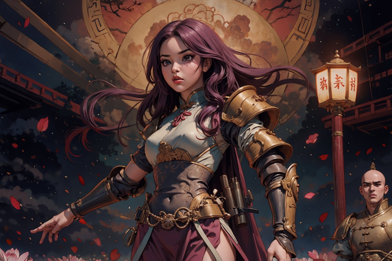 masterpiece, best quality, ultra detailed, UHD, detailed character design, In Chinese mythology, solo, 1girl, beauty, detailed face, delicate features, a look of determination, big eyes, pink lips, long curly hair, purple hair, tall and thin, (accurate body and hand anatomy), general, power armor, side view, dynamic pose, heroic stance, command the armies, standing on the podium, training scene, ancient China style, boichi manga style