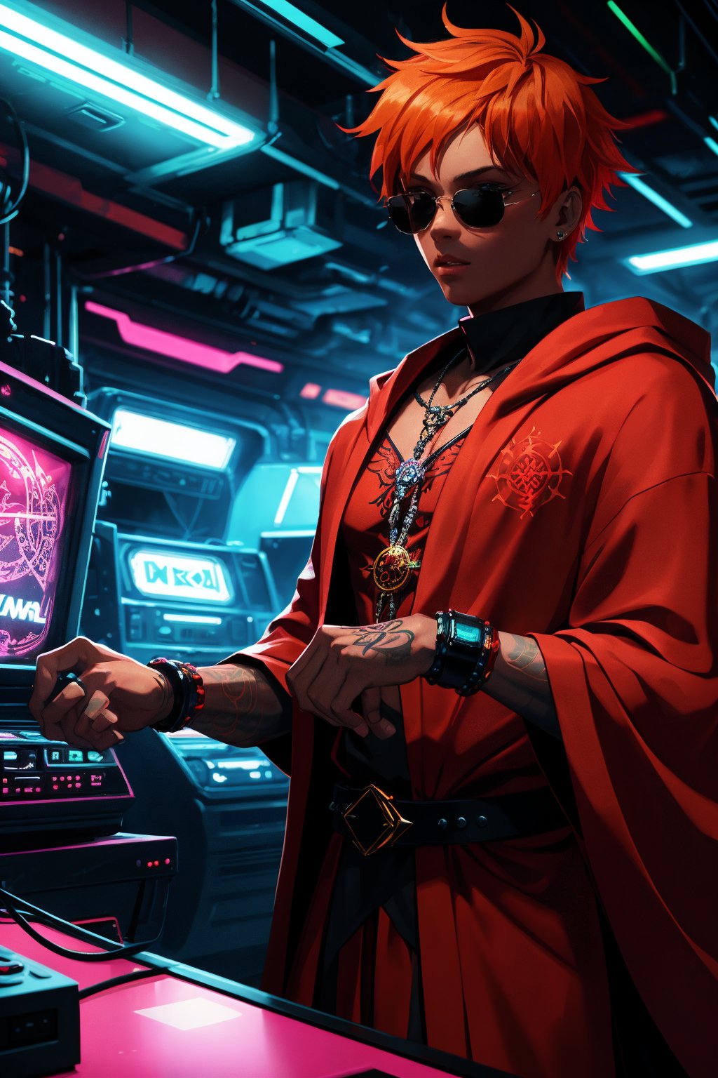 In a dimly lit, neon-lit cyberpunk radio studio, a lone figure stands out against the dark backdrop. The solo subject, a boy with short, vibrant orange hair, dons sunglasses and wraps himself in a striking red robe, adorned with intricate flame tattoos and a pentagram necklace that glimmers under the studio's faint lighting. With an air of cool confidence, he spins tunes for listeners on the radio, surrounded by futuristic gadgets and a majestic Taiji symbolizing destiny, subtly hinting at the mysterious forces guiding his life as a radio DJ.