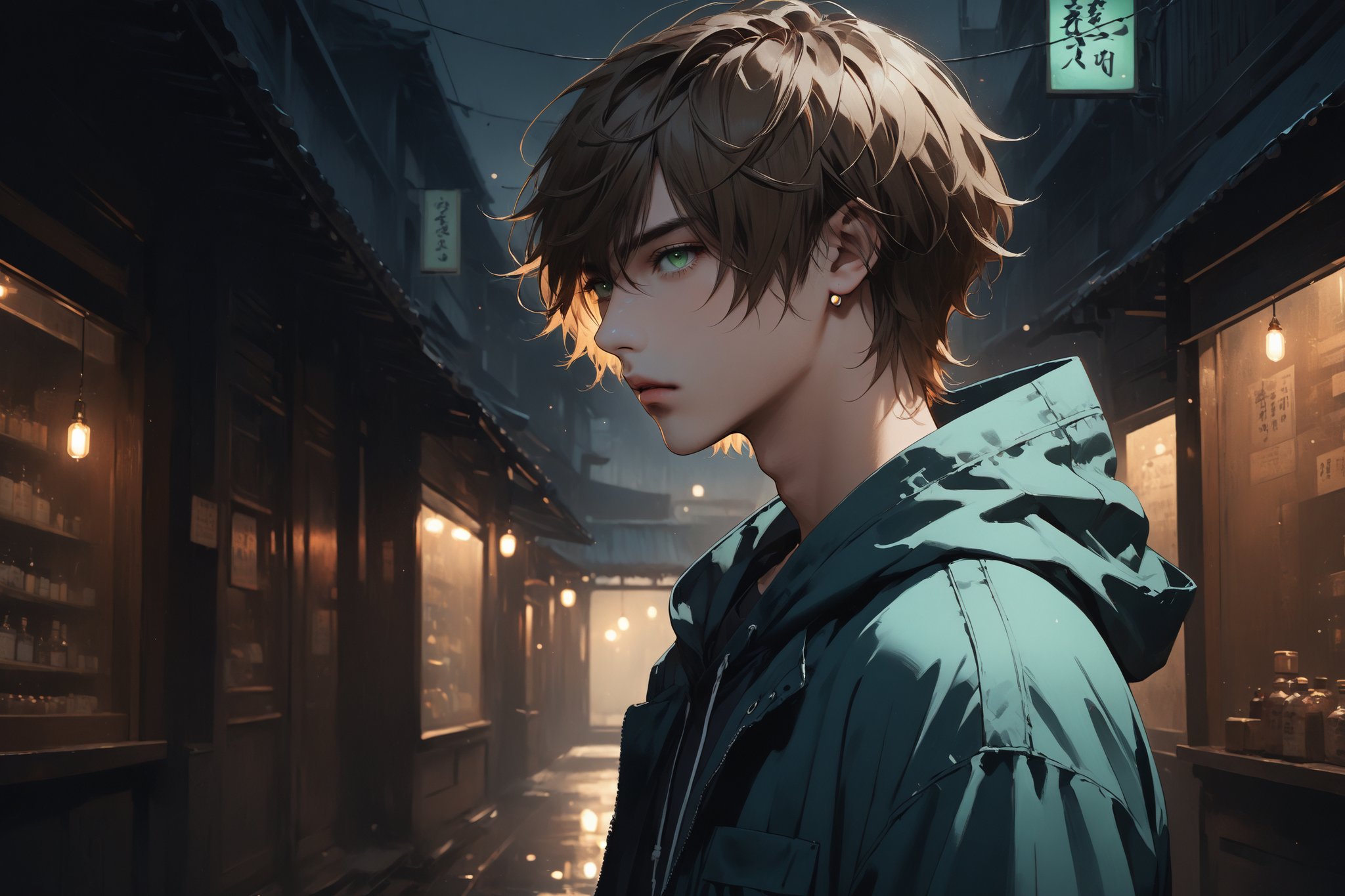 Dark Moody Atmosphere, {prompt}, dramatic, mysterious, dark moody atmosphere, masterpiece, beautiful and aesthetic, ultra detail, intricate, 1male, solo, 23 years old, detailed character design, delicate face, light green eyes, short brown hair, dark blue hooded, (from side), dynamic pose, hand in pocket, look around, in the Asian second-hand goods shop, indoors