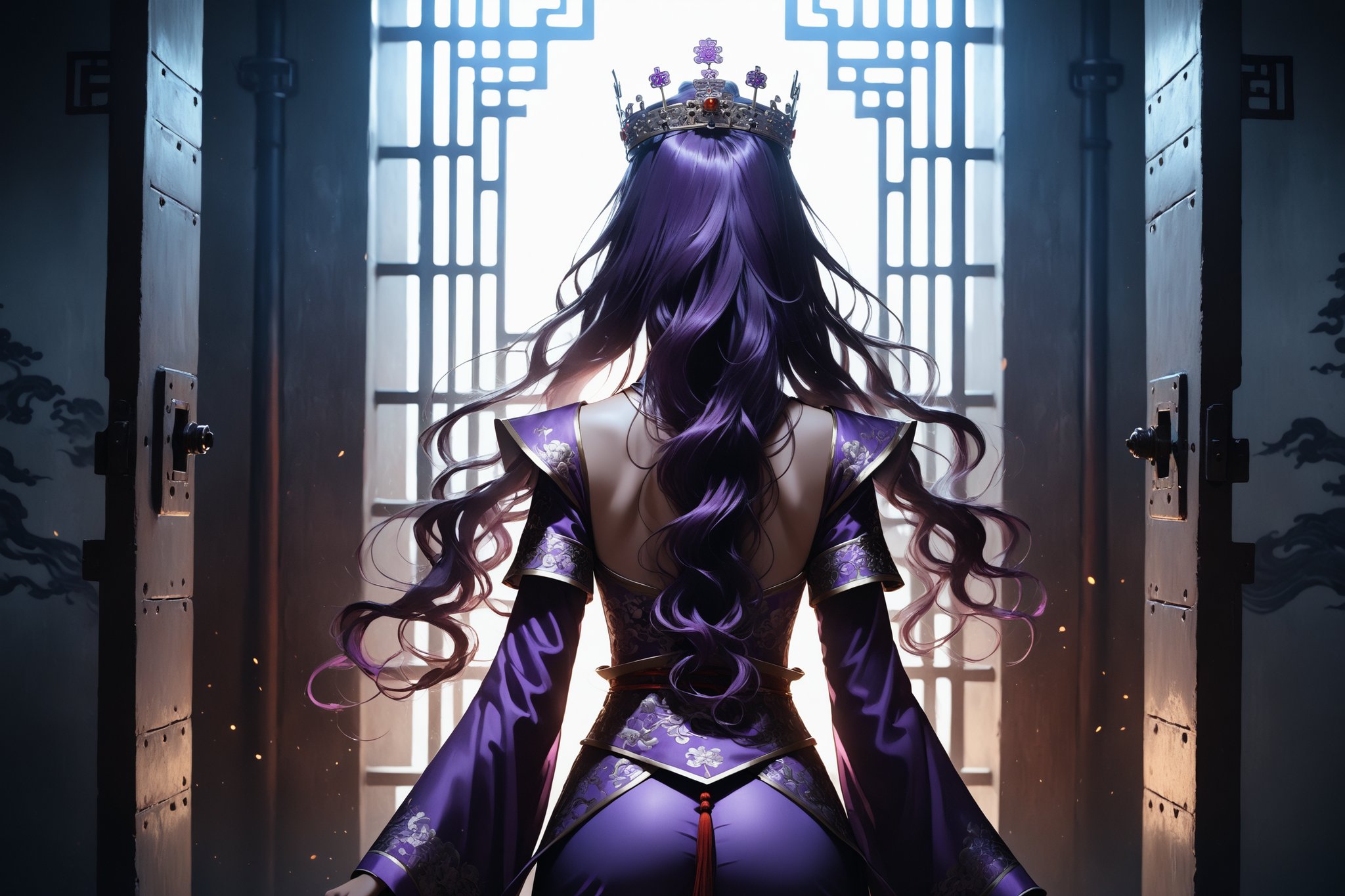 masterpiece, beautiful and aesthetic, ultra detail, intricate, In Chinese mythology, solo, 1girl, crown, long curly hair, purple hair, tall and thin, Han Chinese Clothing, armor, pants, (back view:1.5), dynamic pose, standing in the prison, indoors, cinematic, film grain, dramatic lighting