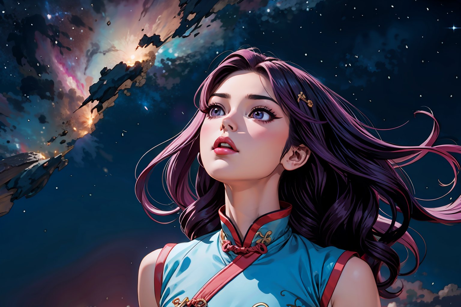 In Chinese mythology, solo, 1girl, big eyes, pink lips, pretty, long curly hair, purple hair, tall and thin, china dress, gazing up at a night sky filled with stars, nebula, ancient China style, boichi manga style