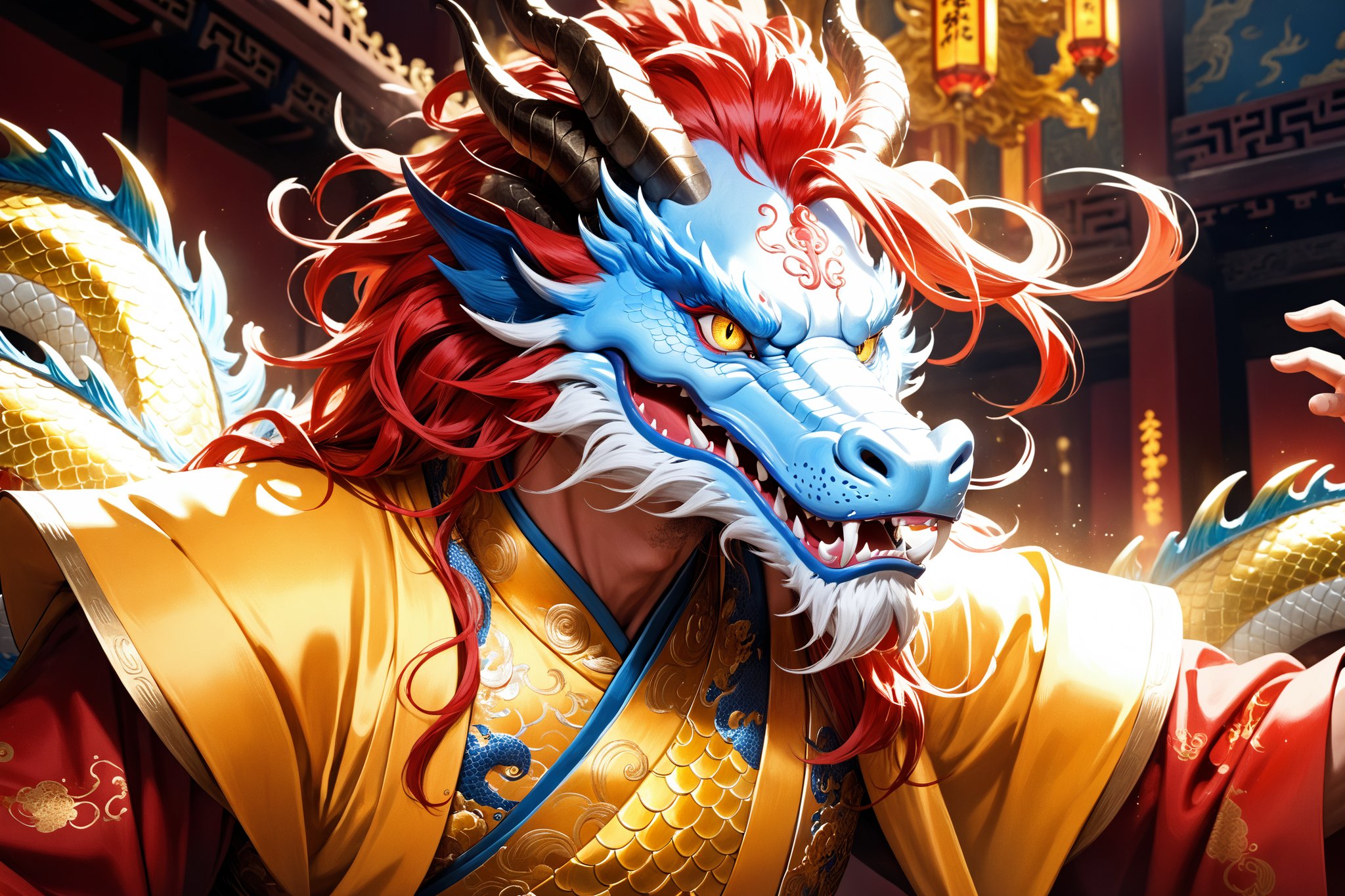 masterpiece, beautiful and aesthetic, ultra detail, intricate, 1man, solo, 55 years old, detailed character design, (Chinese dragon features, dragon eyes, dragon nose, dragon beard), blue face, glistening scales skin, domineer expression, (messy golden hair, red mane), (tall and fat), front view, golden imperial robe, dynamic pose, Inspired by Chinese mythology story, dragon palace