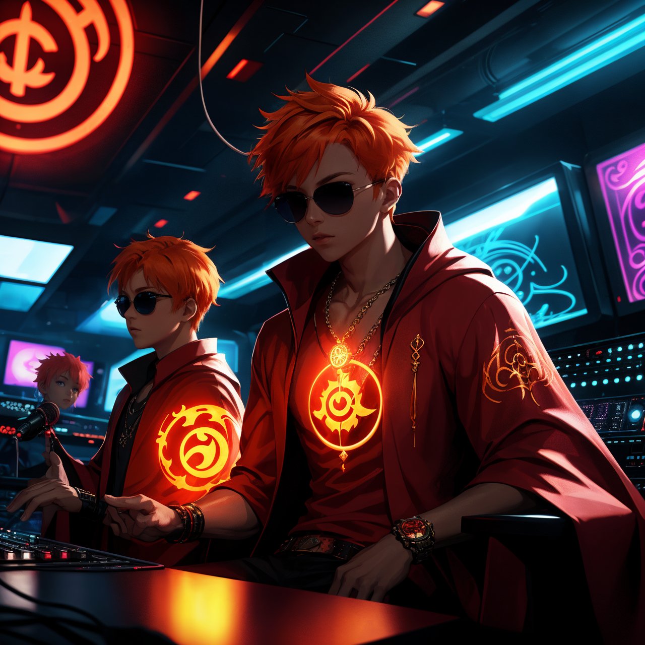 In a dimly lit, futuristic radio studio, a lone figure sits, surrounded by sleek equipment and neon-lit screens. The subject, a boy with vibrant orange hair, short and styled to perfection, dons trendy sunglasses and a flowing red robe adorned with intricate flame tattoos. A flame pentagram necklace glows around his neck as he intently focuses on the music playing through the speakers. In the background, a Taiji symbol hangs, its abstract design adding an air of mysticism to the scene. The subject's confident pose exudes coolness, as if he's lost in the rhythm and destiny is within grasp.