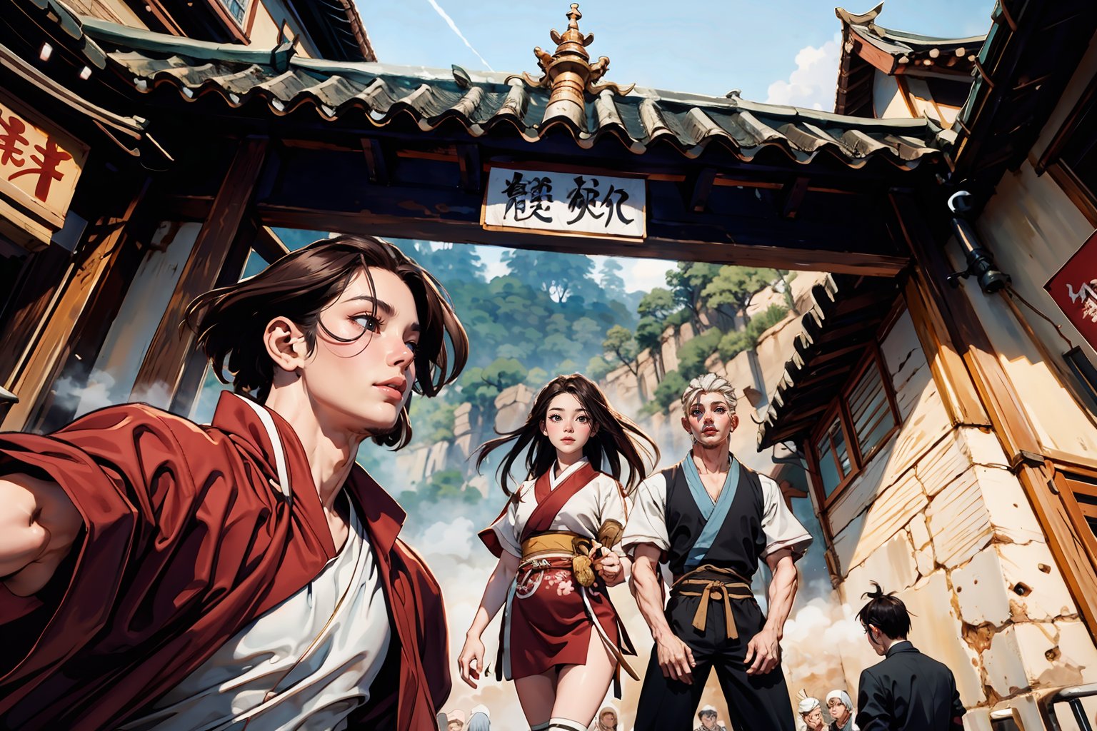 masterpiece, best quality, ultra, UHD, detailed character design, a group of people, men and women, joy, hanfu, (face the same direction, look above:1.3), wide angle view, panoramic view, dynamic pose, action-packed, ancient street background, ancient China style, boichi manga style