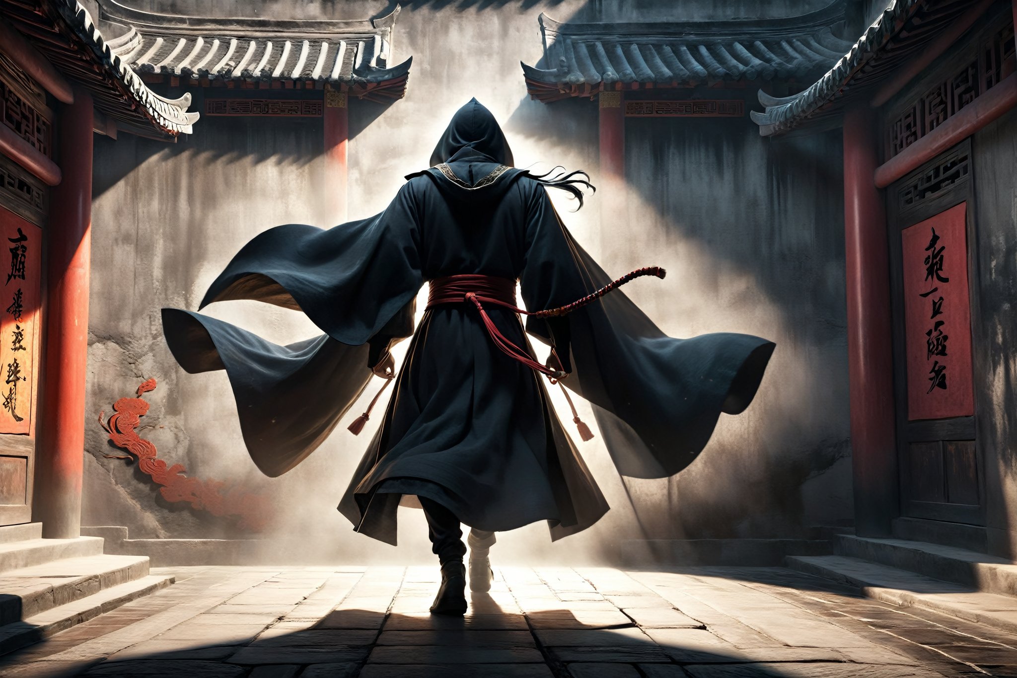 DonM5h4d0w5XL, masterpiece, extreme quality, ultra detailed, intricate, UHD, HDR, Chinese martial arts animation style, dramatic with an air of mystery and intrigue, solo, a figure in a dark cloak, cloak shadow on the ancient China street wall, outdoors, cloak fly, dynamic pose, vibrant, from side, shadow, 