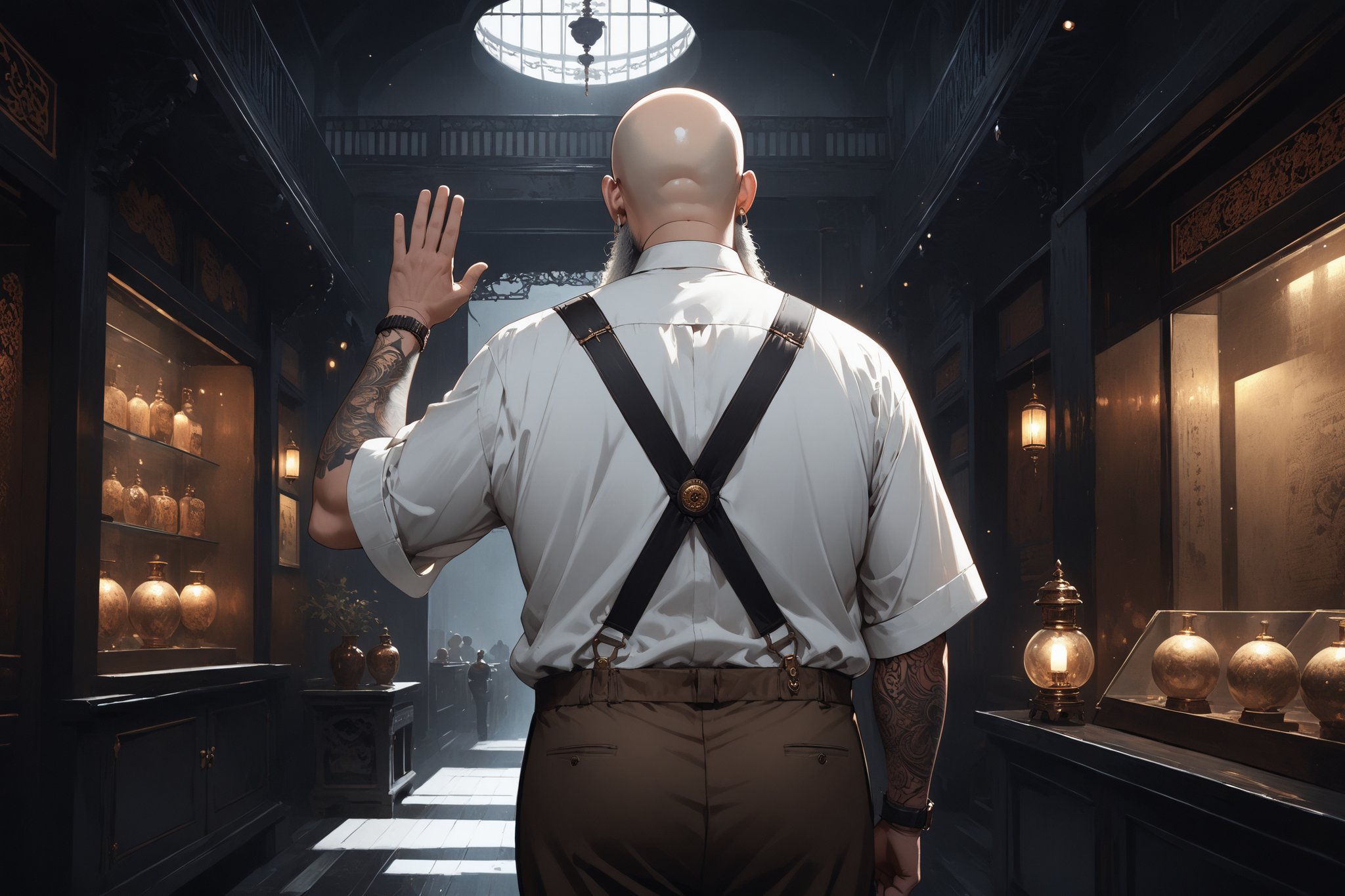 Dark Moody Atmosphere, {prompt}, dramatic, mysterious, dark moody atmosphere, masterpiece, beautiful and aesthetic, ultra detail, intricate, 1male, solo, old hipster, detailed character design, monocle, white Squared beard, bald, short and fat, white shirt, (brown pants, a pair of suspenders), (back view:1.5), (waving:1.5), in the Asian antique shop, indoors