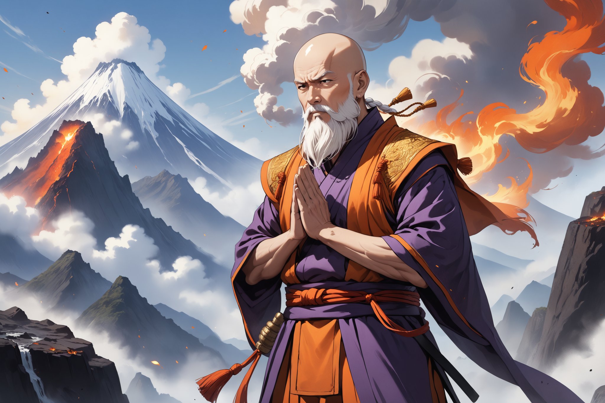 masterpiece, beautiful and aesthetic, ultra detail, intricate, 1male, solo, (60 years old, old man), detailed character design, warrior monk, godlike, domineer expression, bead_earrings, (full beard, white), bald, (short stature, muscular), (Kasaya of Shoulder-covering Style, orange), dark purple pants, (small magic fires on shoulders), (upper body), dynamic pose, (hands in prayer pose:1.5), standing on the peak, Chinese martial arts animation style, volcanos, mists