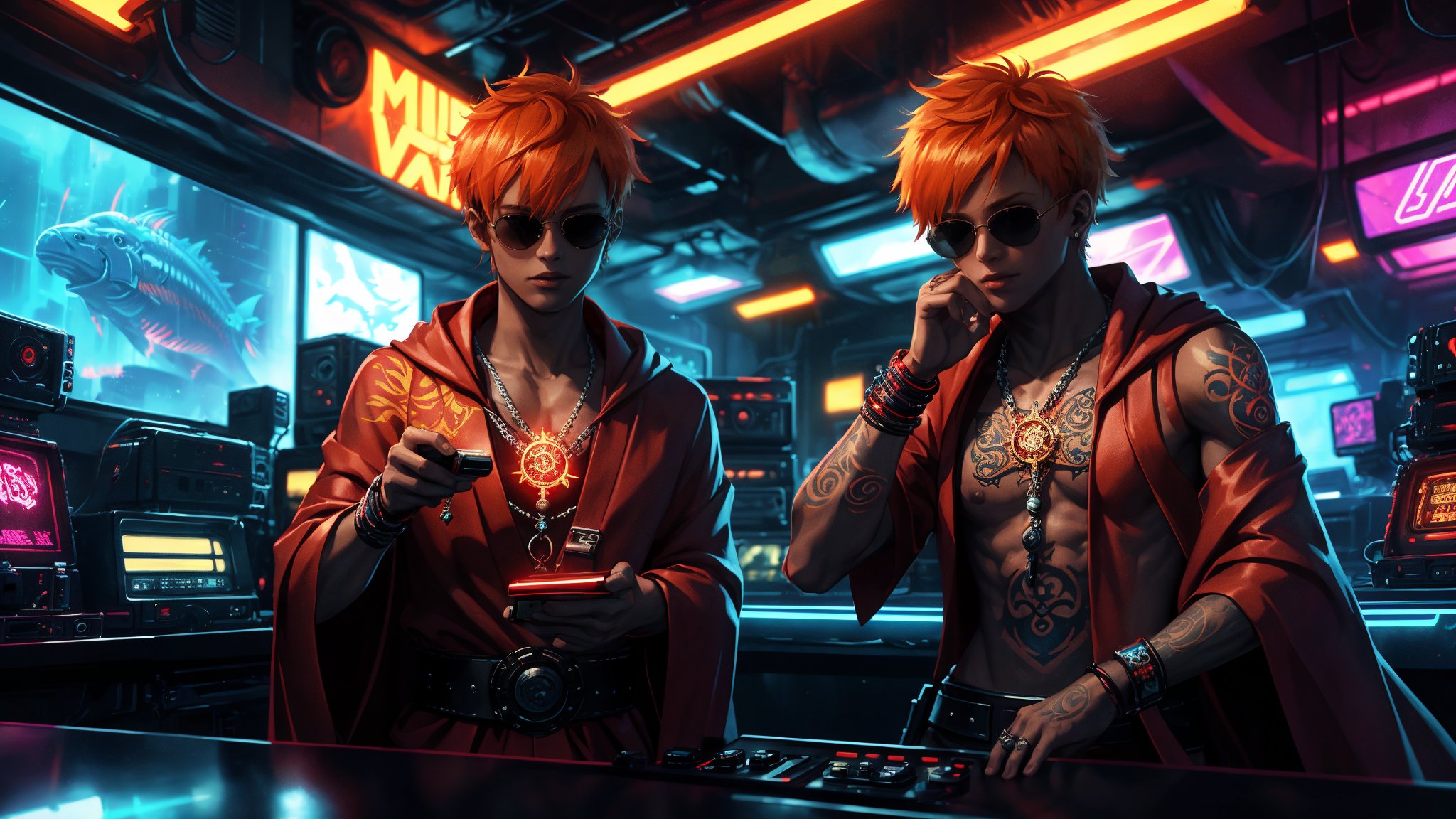 In a dimly lit, neon-lit cyberpunk radio studio, a lone figure stands out against the dark backdrop. The solo subject, a boy with short, vibrant orange hair, dons sunglasses and wraps himself in a striking red robe, adorned with intricate flame tattoos and a pentagram necklace that glimmers under the studio's faint lighting. With an air of cool confidence, he spins tunes for listeners on the radio, surrounded by futuristic gadgets and a majestic Taiji symbolizing destiny, subtly hinting at the mysterious forces guiding his life as a radio DJ.