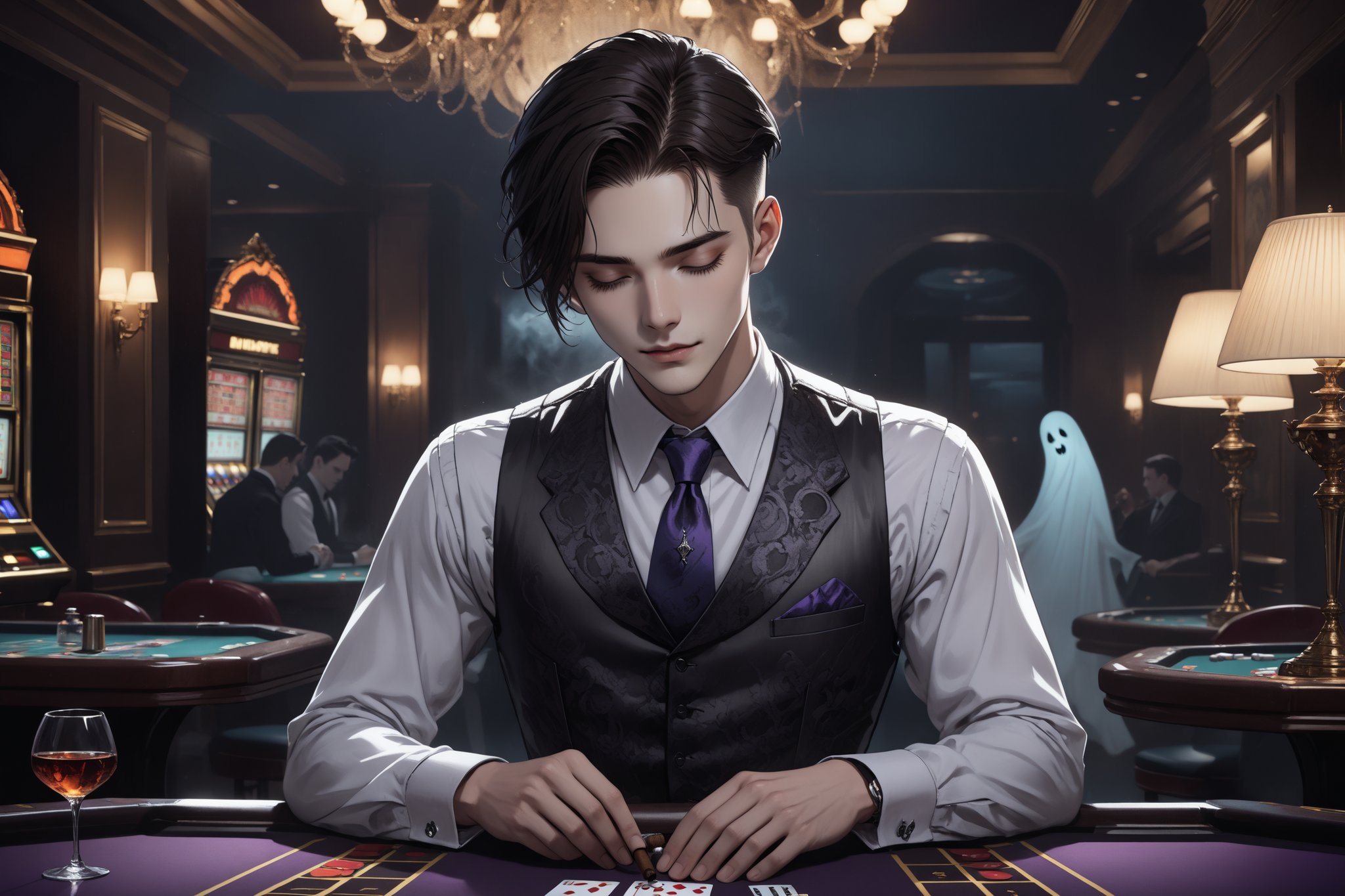 horror-themed {prompt} . eerie, unsettling, dark, spooky, suspenseful, grim, highly detailed, masterpiece, beautiful and aesthetic, ultra detail, intricate, 1male, solo, 23 years old, detailed character design, delicate face, a look of confidence, smirk, closed eyes, (dark hair, Classic Undercut), silver waistcoat, purple shirt, deep blue tie, (cigar in mouth), on card table, (straight on:1.1), (a female ghost whisper:1.2), in the casino 