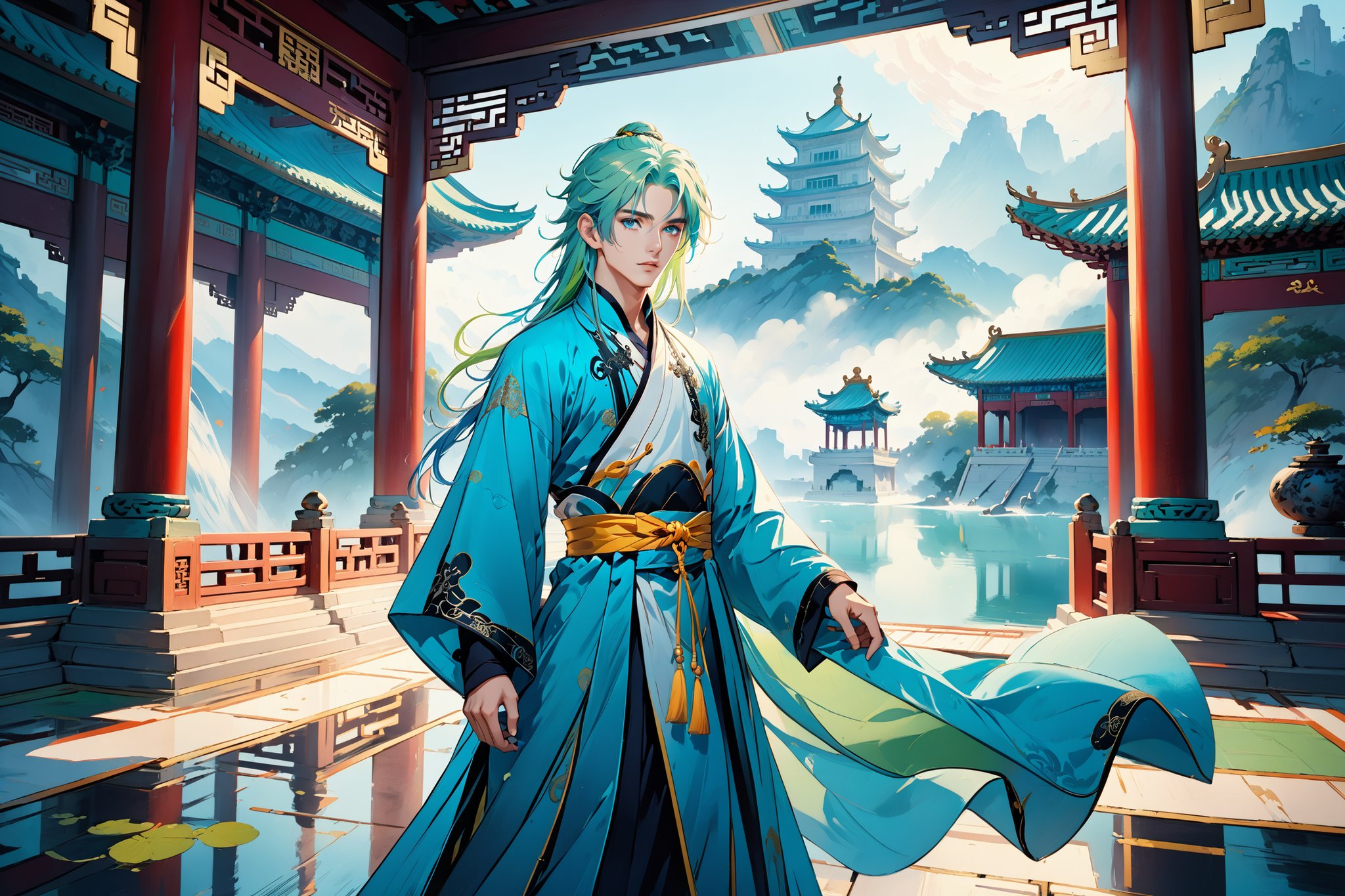 masterpiece, beautiful and aesthetic, ultra detail, intricate, solo, 1male, 25 years old, handsome, (long eyes, blue eyes), (long hair, Split-color Hair, Light Green Hair, Blue Hair), tall, (Han Chinese Clothing, green), flowing robe, straight on, dynamic pose, heroic stance, creating a picturesque view of a heavenly palace, bathed in soft and ethereal light.