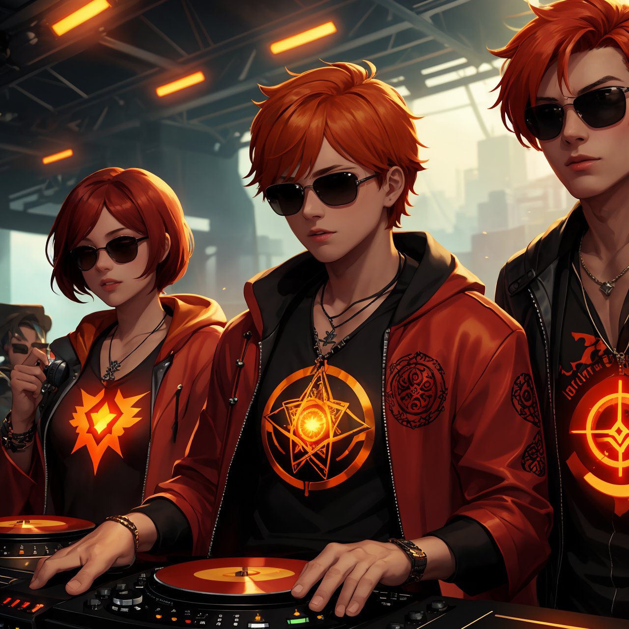 (straight on:1.5), (upper body:1.5), solo, (1boy), short hair, orange hair, sunglasses, headset, red colored robe, cool, flame tattoos, flame pentagram necklace He was a radio DJ, playing music in a tiny radio studio with a Taiji in the background, symbolizing destiny, (exquisite details and texture, detailed face, anatomy correct, best quality, ultra detailed, photorealistic), Cyberpunk style