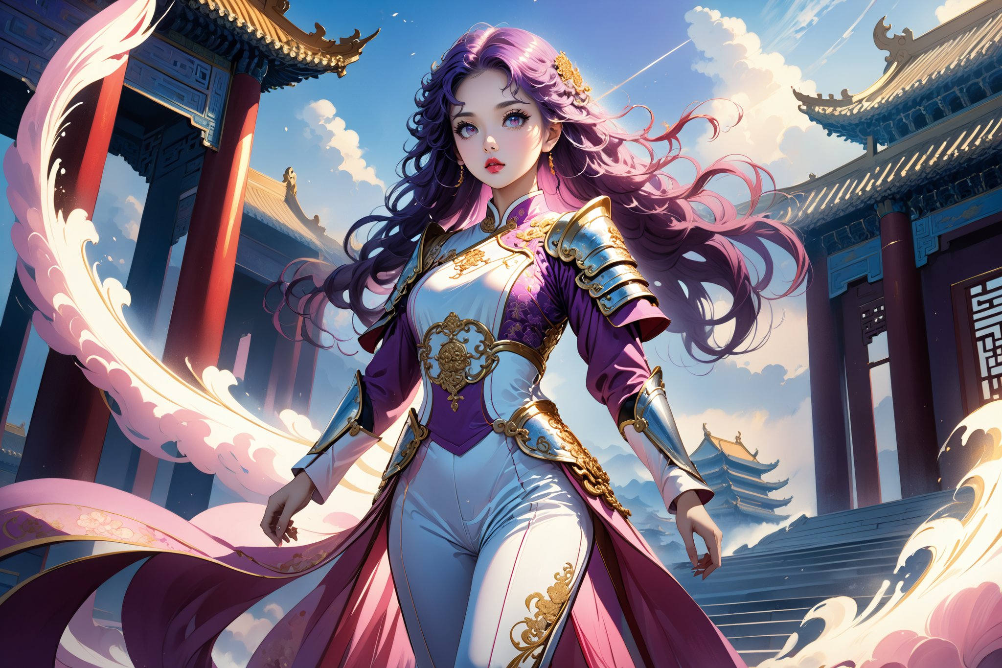 masterpiece, beautiful and aesthetic, ultra detail, intricate, In Chinese mythology, solo, 1girl, a heavenly guardian, big eyes, pink lips, pretty, long curly hair, purple hair, tall and thin, (Han Chinese Clothing, armor, pants), dynamic pose, poised as if ready to gallop into battle, creating a picturesque view of a heavenly palace, bathed in soft and ethereal light.