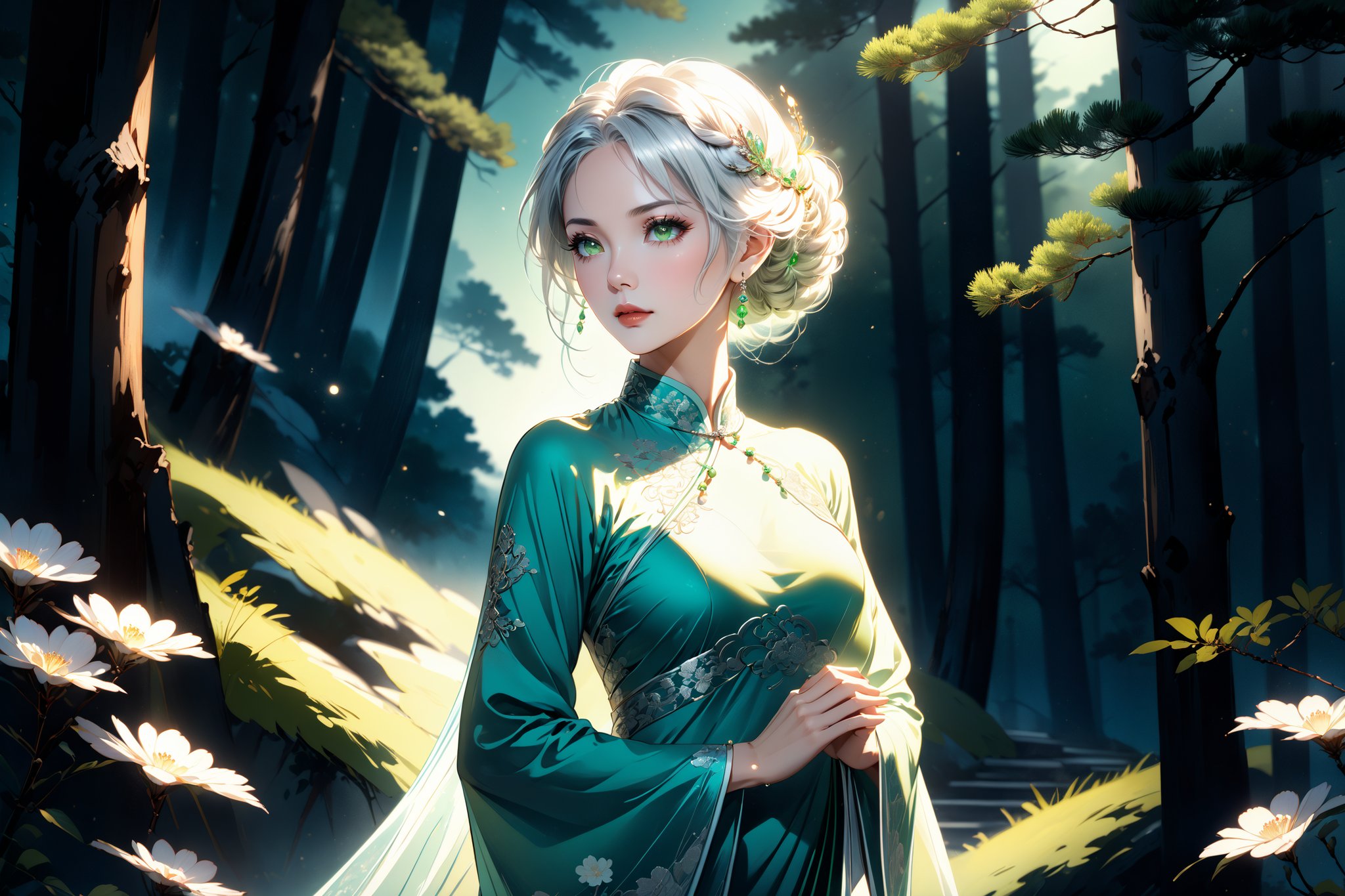 masterpiece, beautiful and aesthetic, ultra detail, intricate, 1female, a celestial ethereal ghostly Fairy, 50 years old, solo, detailed character design, grace, gentle nature, feminine soft face, light green eyes, (long hair, Braided updo, silver hair), hair ornament, tall, slender body frame, collarbone, bead_bracelet, (cheongsam, long, green), (holding a bead_necklace), dynamic pose, (a single hand in prayer pose), standing atop hill, Chinese martial arts animation style, pine woods in the background, Inspired by Chinese mythology story