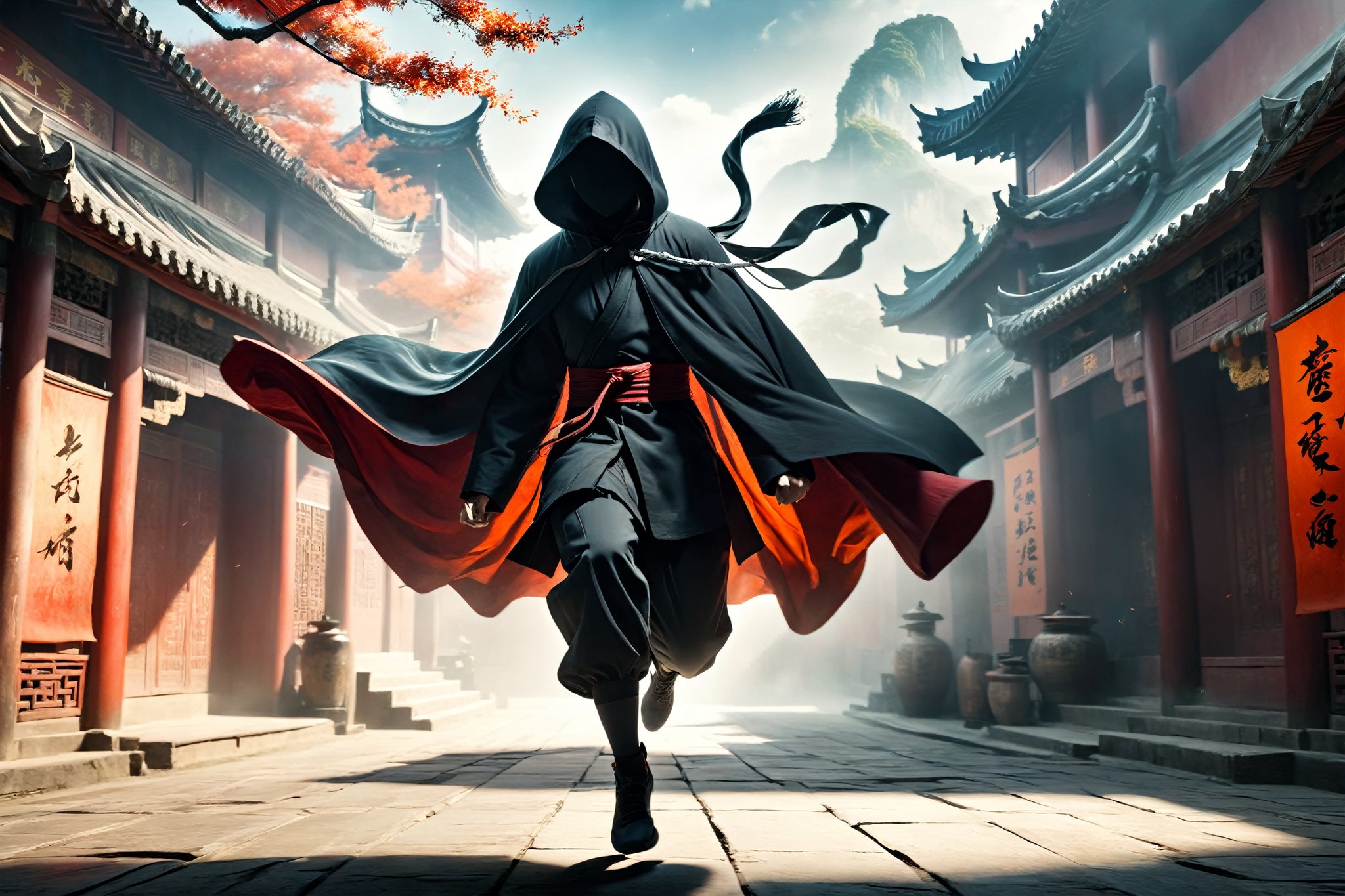 DonM5h4d0w5XL, masterpiece, extreme quality, ultra detailed, intricate, UHD, HDR, Chinese martial arts animation style, dramatic with an air of mystery and intrigue, a hooded cloak shadow, dynamic pose, (jump up, fly:1.5), split-second freeze-frame, from side, outdoors, ancient China street, mysterious colorful background, 