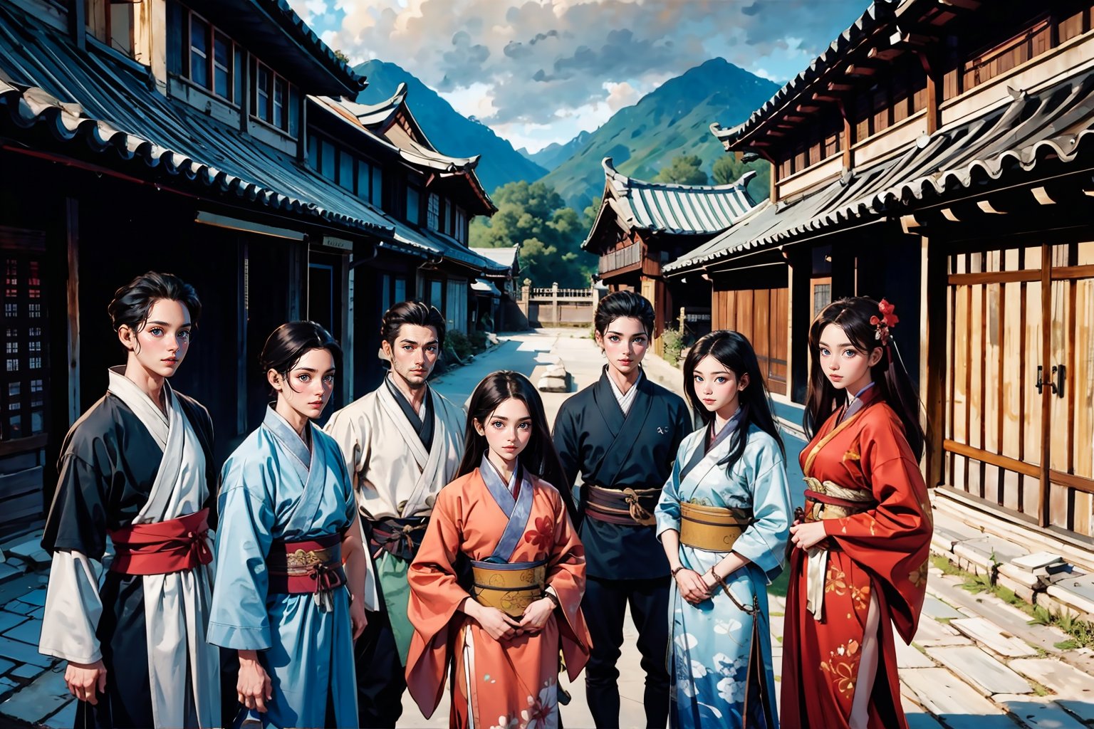 masterpiece, best quality, ultra, UHD, detailed character design, a group of people, 5men, 5women, glad, (hanfu), (from above:0.8), long shot, dynamic pose, ancient street background, ancient China style, boichi manga style