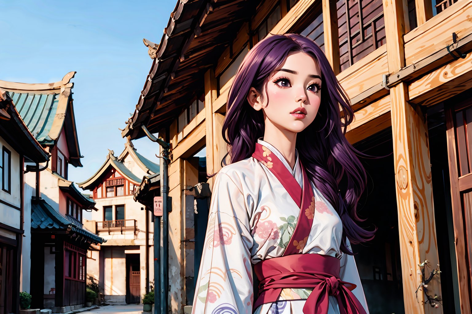 In Chinese mythology, solo, 1girl, big eyes, pink lips, pretty, long curly hair, purple hair, tall and thin, hanfu, upper body, ancient street in the background, outdoors, ancient China style, boichi manga style