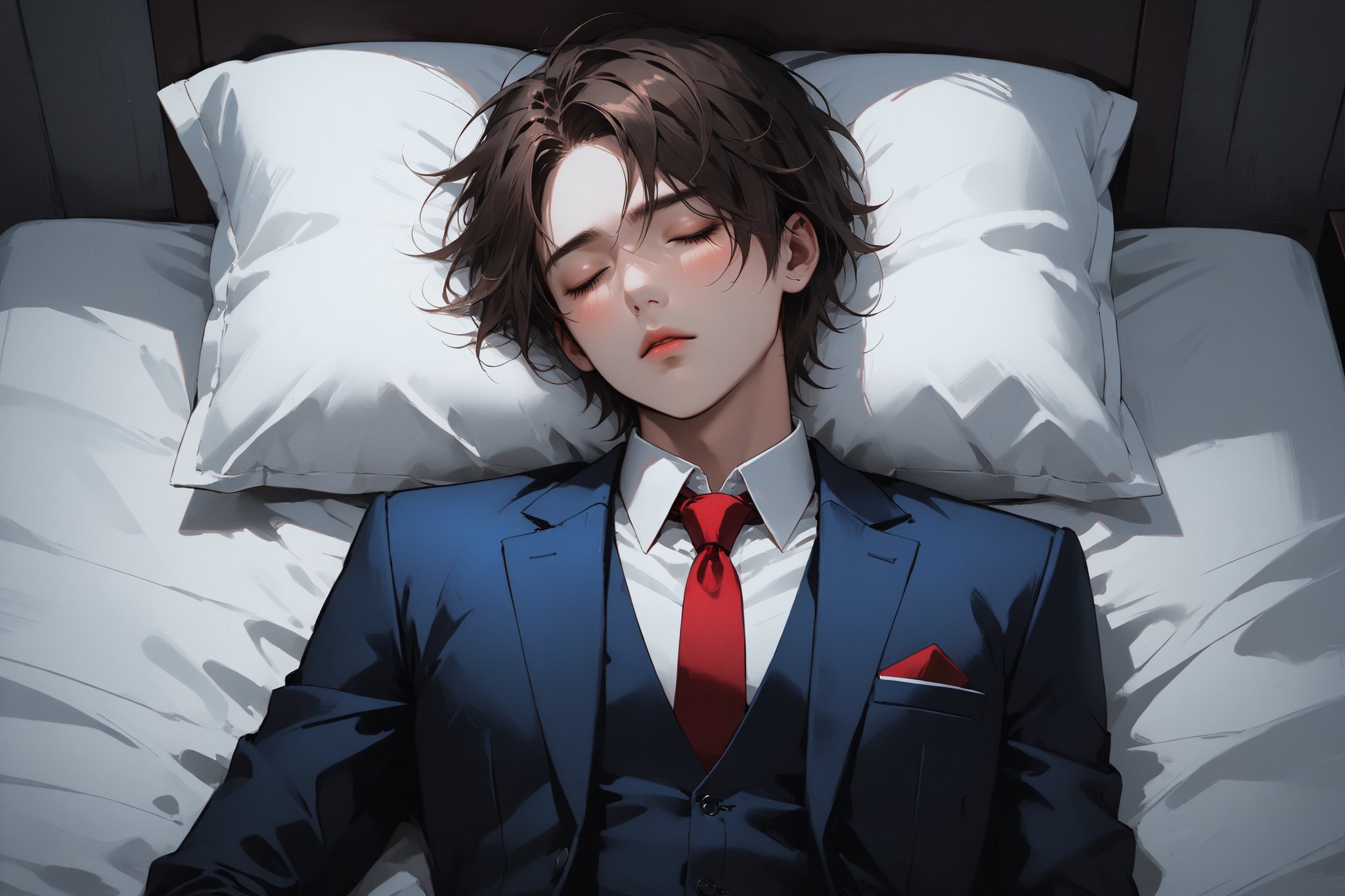 Dark Moody Atmosphere, {prompt}, dramatic, mysterious, dark moody atmosphere, masterpiece, beautiful and aesthetic, ultra detail, intricate, 1male, solo, 23 years old, detailed character design, delicate face, blush, closed eyes, drunk, sleeping, brown short hair, dark blue suit, white shirt, red tie, (top down view:1.5), dynamic pose, bold gestures, lying on bed, in the bedroom