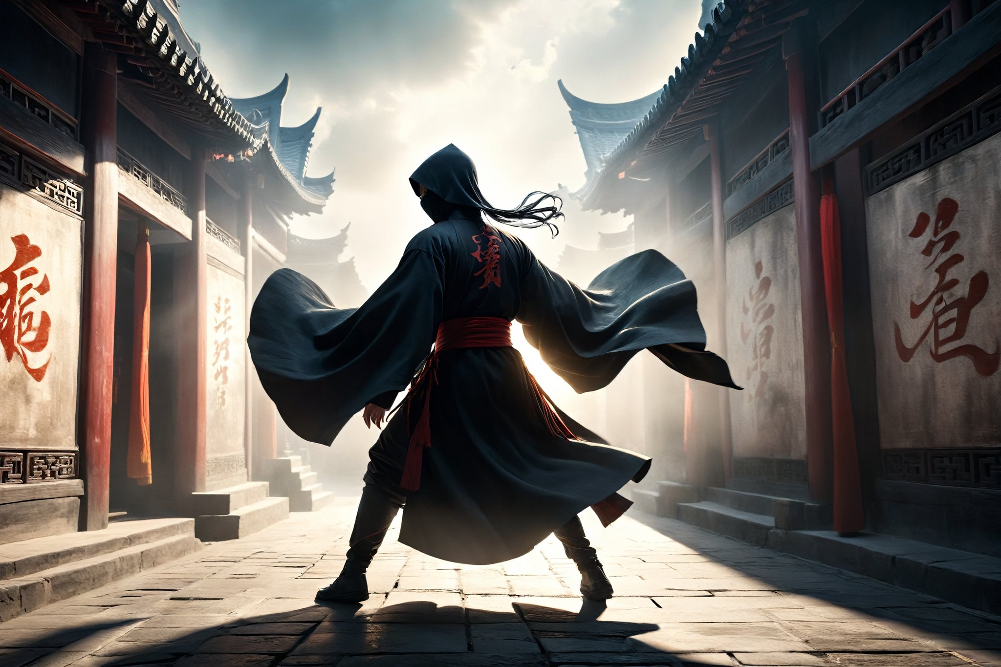 DonM5h4d0w5XL, masterpiece, extreme quality, ultra detailed, intricate, UHD, HDR, Chinese martial arts animation style, dramatic with an air of mystery and intrigue, solo, a figure in a dark cloak, cloak shadow on the ancient China street wall, outdoors, flying, dynamic pose, vibrant, from side, shadow, 