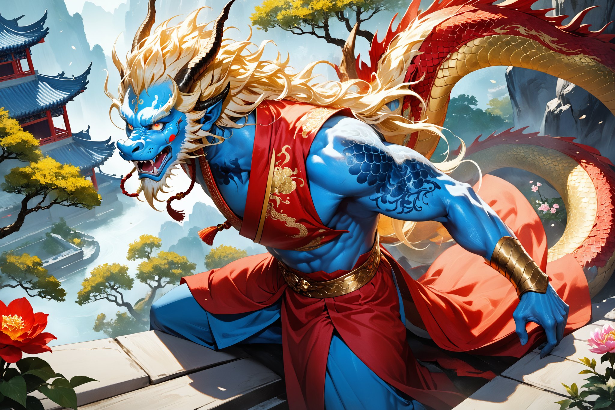 masterpiece, beautiful and aesthetic, ultra detail, intricate, 1man, solo, 55 years old, (Dragon King), detailed character design, his expression filled with awe, (Chinese dragon features, dragon eyes, dragon nose, dragon beard), (messy hair, golden hair), (blue skin, glistening scales skin), tall and strong, (red imperial robe), from above, dynamic pose, bow and scrape, Inspired by Chinese mythology story, garden background, trees, flowers, multicolor